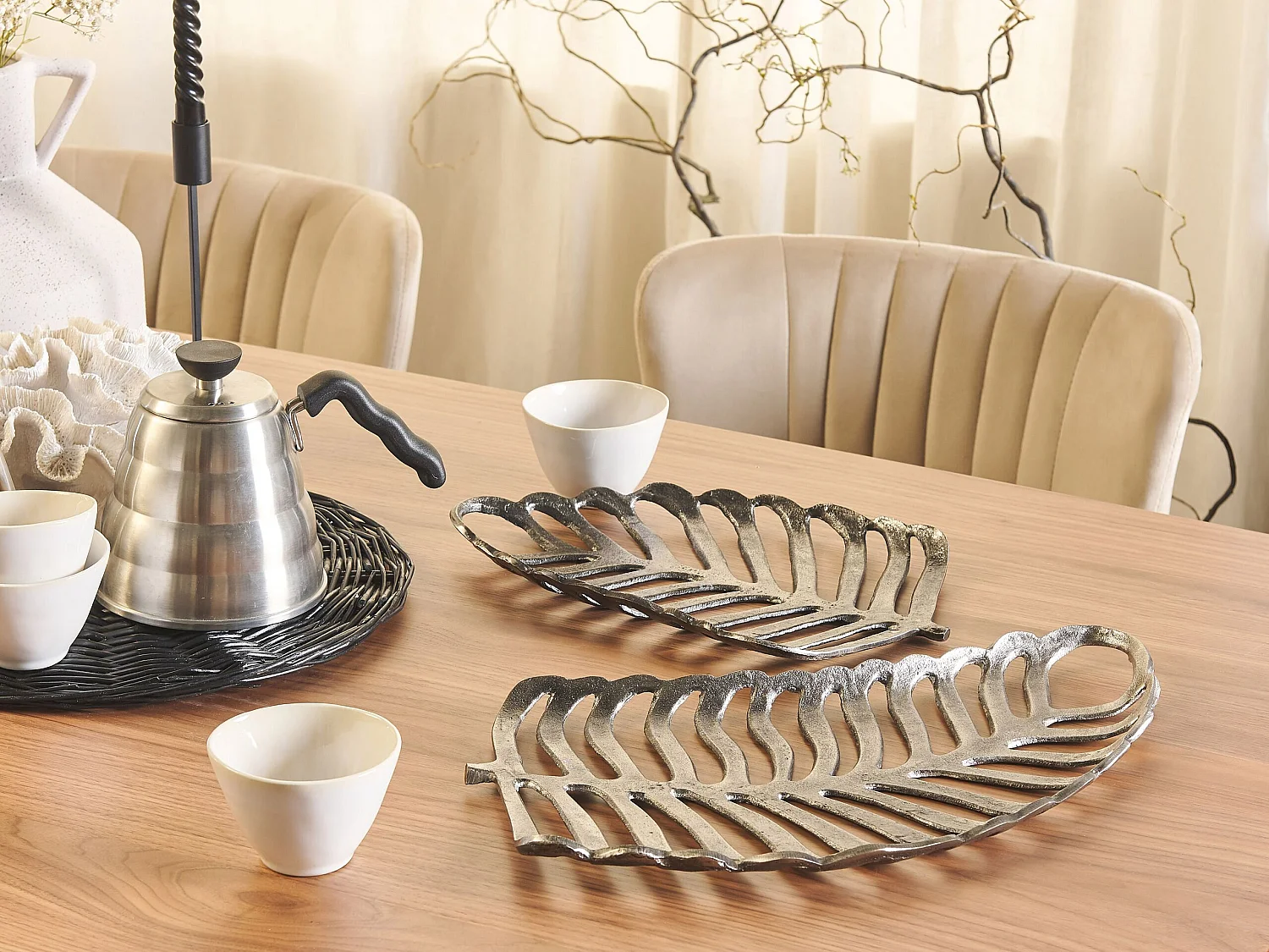 Dekoschale Aluminium Monstera Blätter 2er Set Schmuck Tablett in Silber Amnisos