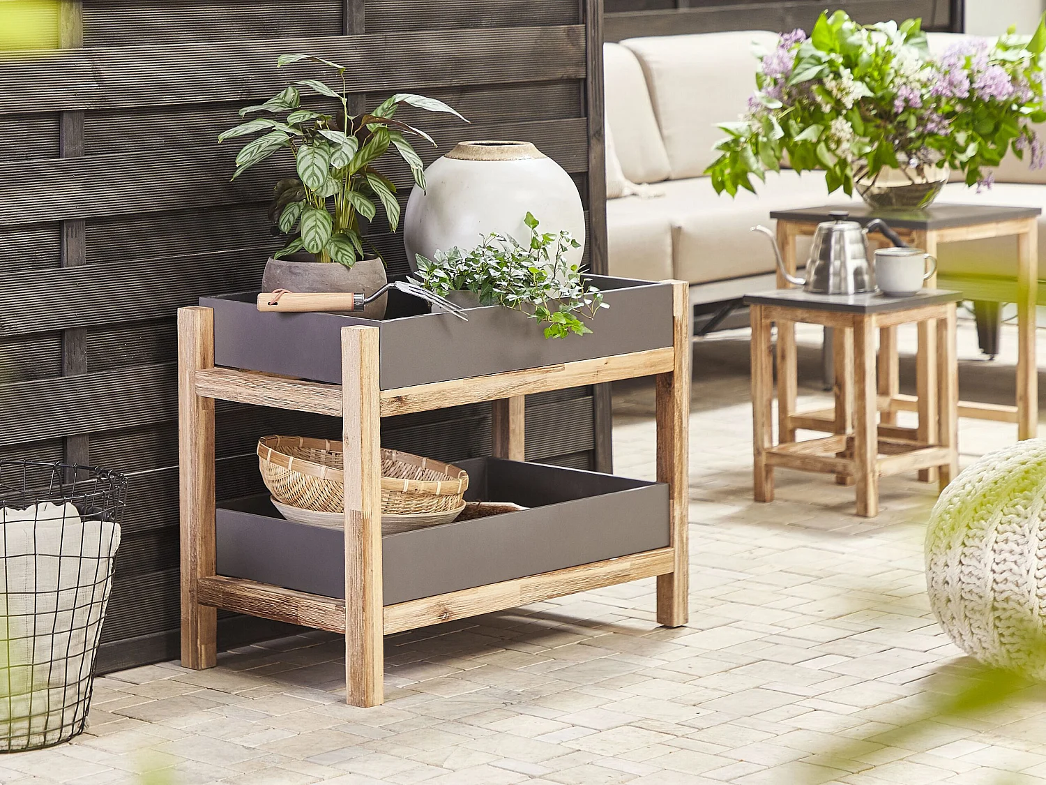 Garten Regal 2 Fächer Grau Faserzement rechteckig Akazienholz Rustikal Oliena