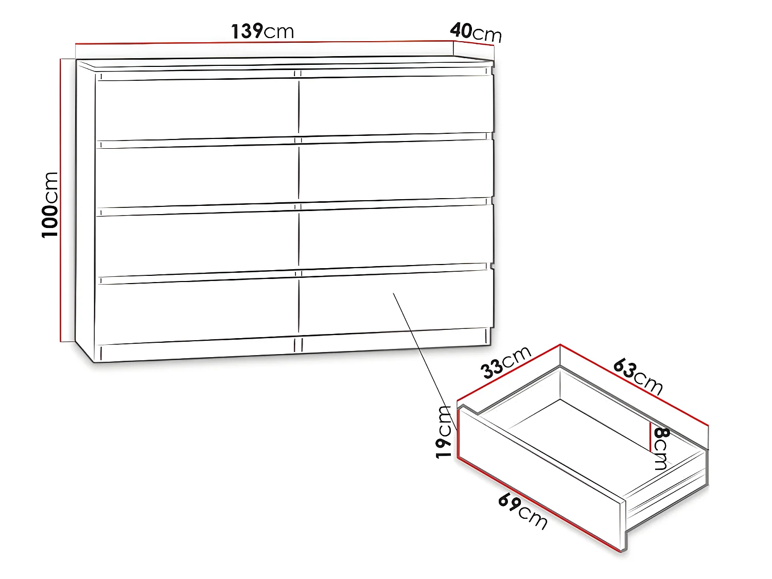 MILÁN | Cómoda contemporánea para dormitorio/salón/oficina 40x138x97 | 8 cajones deslizantes | Unidad de almacenamiento | Armario