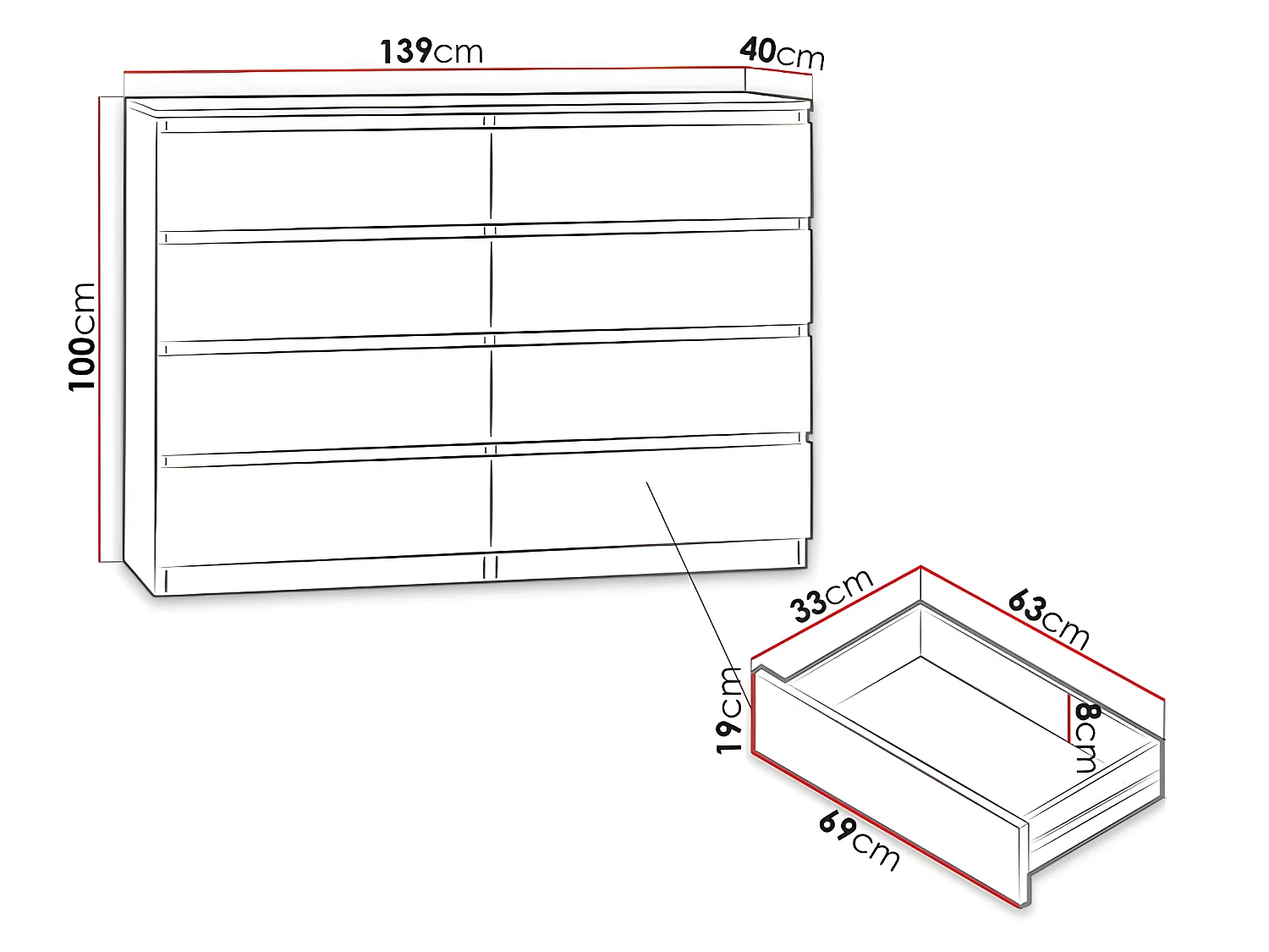 MILANO | Cassettiera moderna per camera da letto/soggiorno/ufficio 40x138x97 | 8 cassetti scorrevoli | Mobile contenitore | chiffon