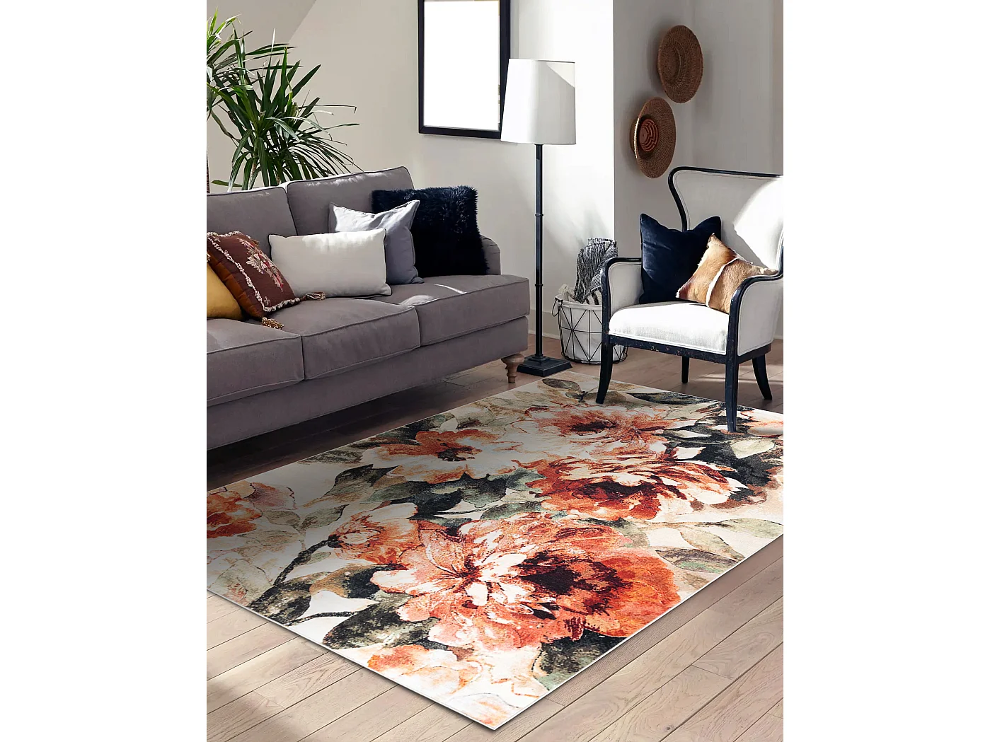 Tapis ANTIKA 24 tek, fleurs, feuilles moderne, lavable - terre cuite 80x150 cm