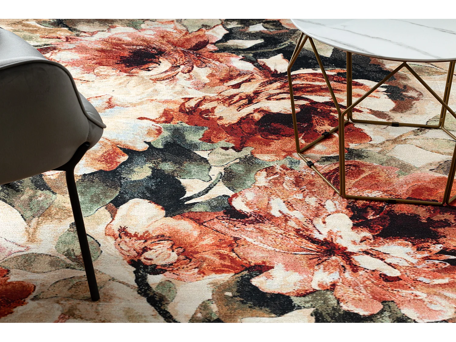 Tapis ANTIKA 24 tek, fleurs, feuilles moderne, lavable - terre cuite 80x150 cm