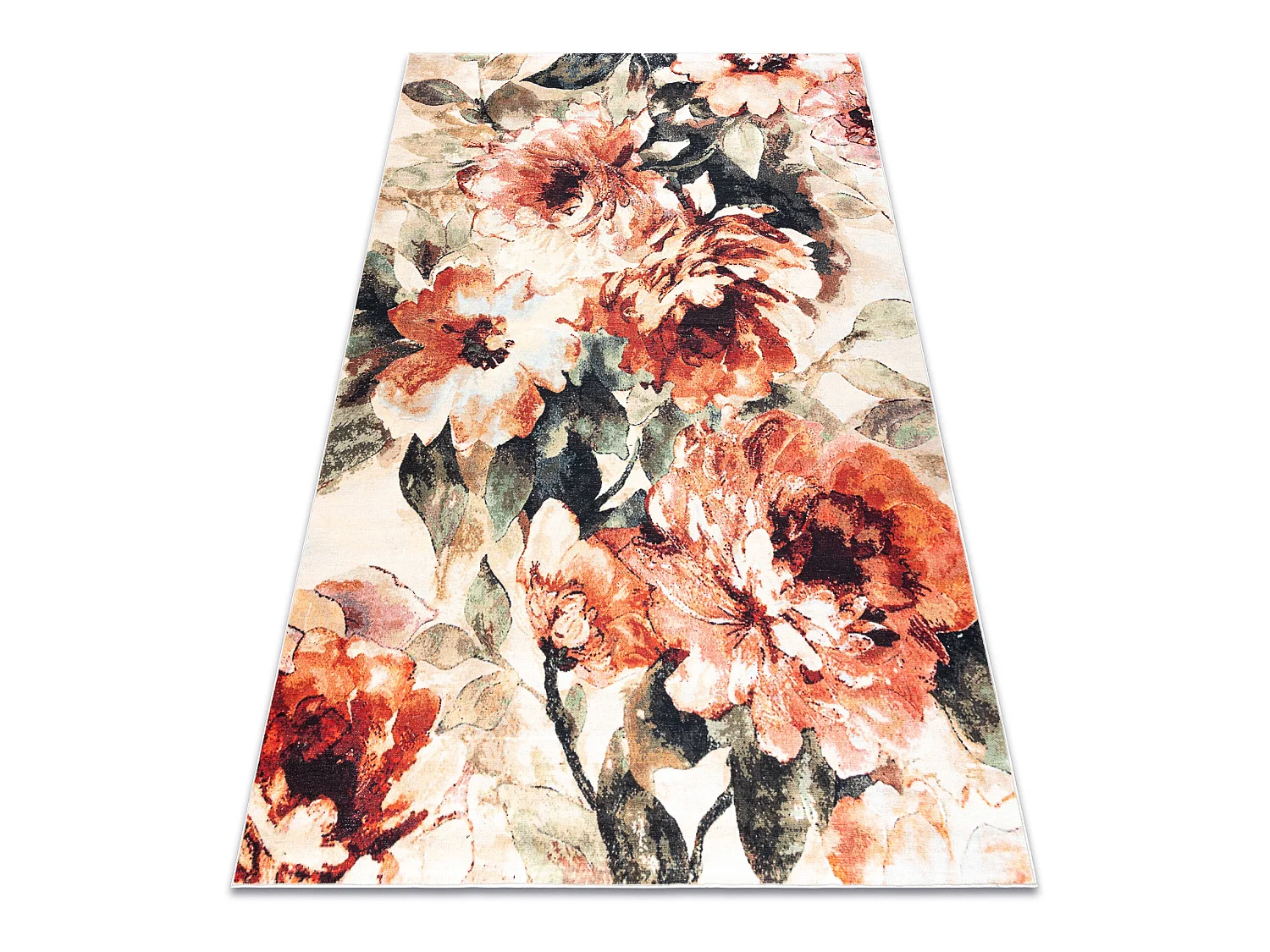 ANTICA 24 tek vloerkleed, modern bladje, bloemen wasbaar - terracotta 80x150 cm