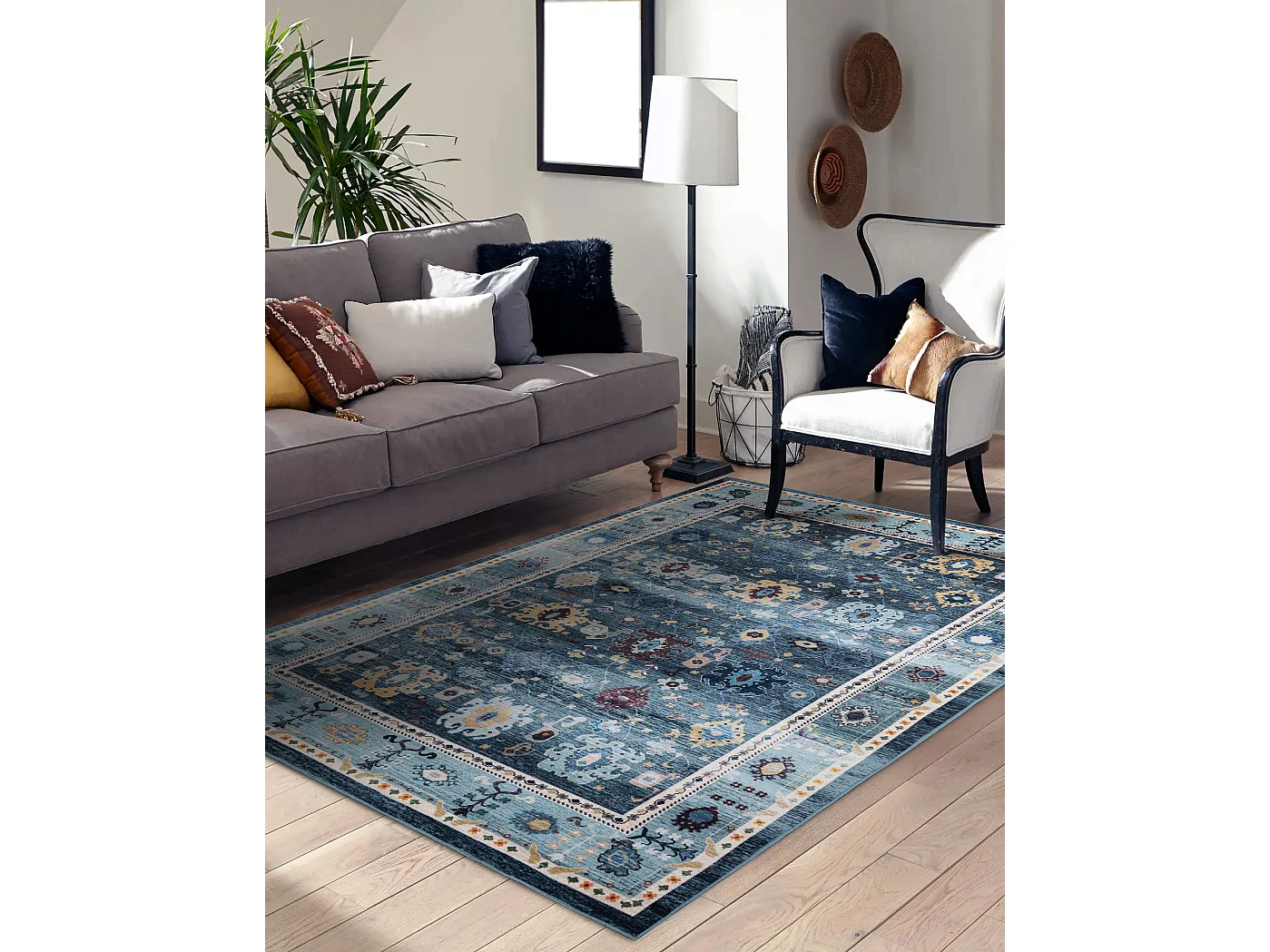 Tapis ANTIKA 51 tek, aztèque moderne, lavable - gris / bleu 80x150 cm