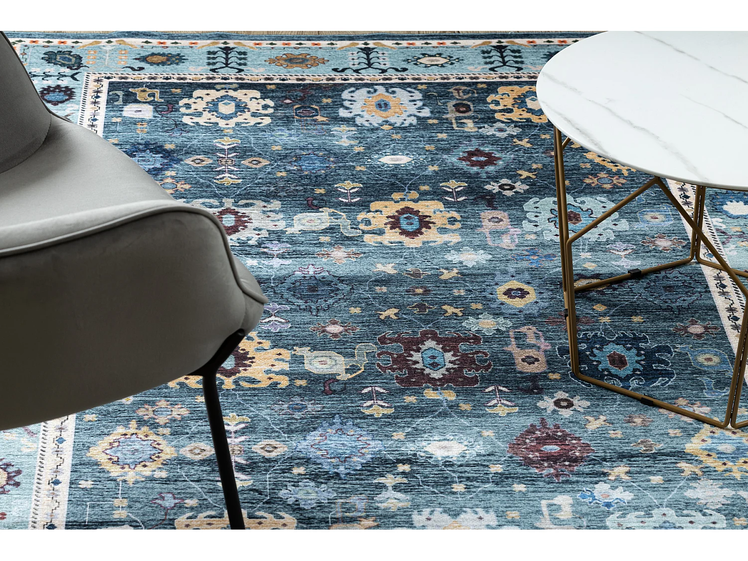 Tapis ANTIKA 51 tek, aztèque moderne, lavable - gris / bleu 80x150 cm