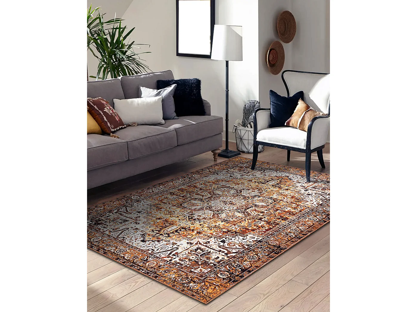ANTIKA alfombra ancret honey, adorno sunset, lavable - crema / naranja 80x150 cm