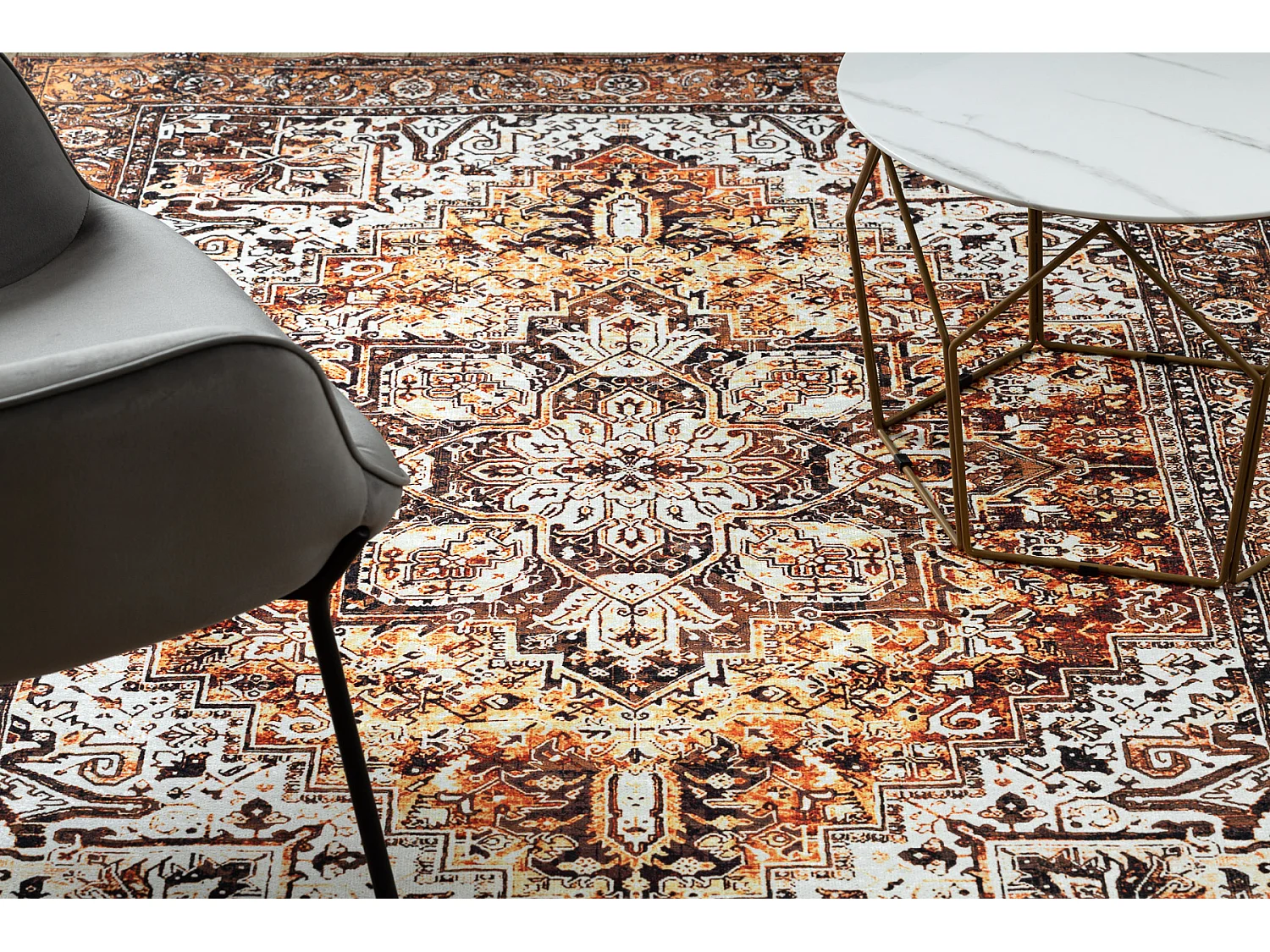 ANTIKA alfombra ancret honey, adorno sunset, lavable - crema / naranja 80x150 cm