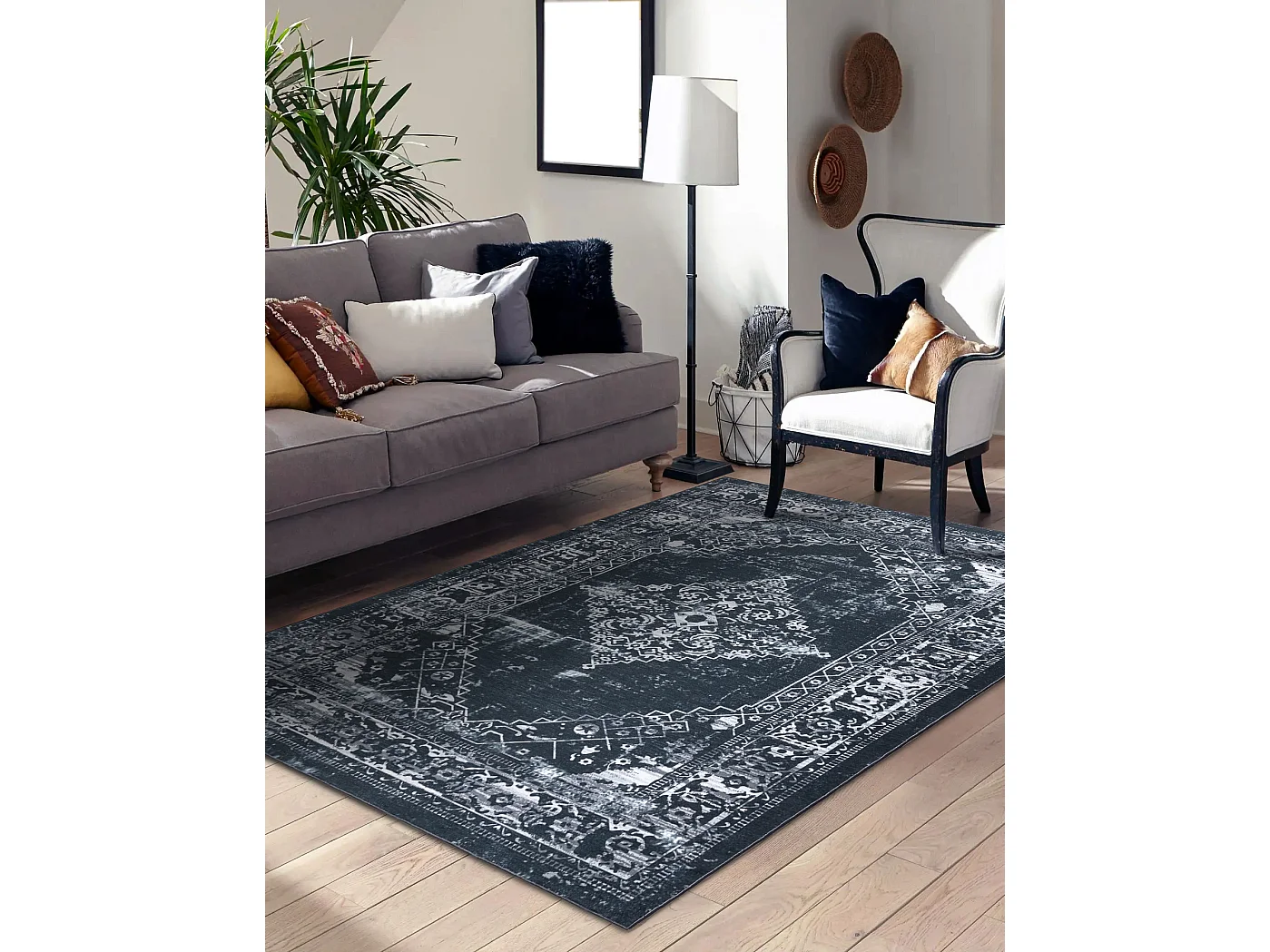 ANTIKA tapijt 117 tek, modern ornament, wasbaar - grijskleuring / graf 80x150 cm