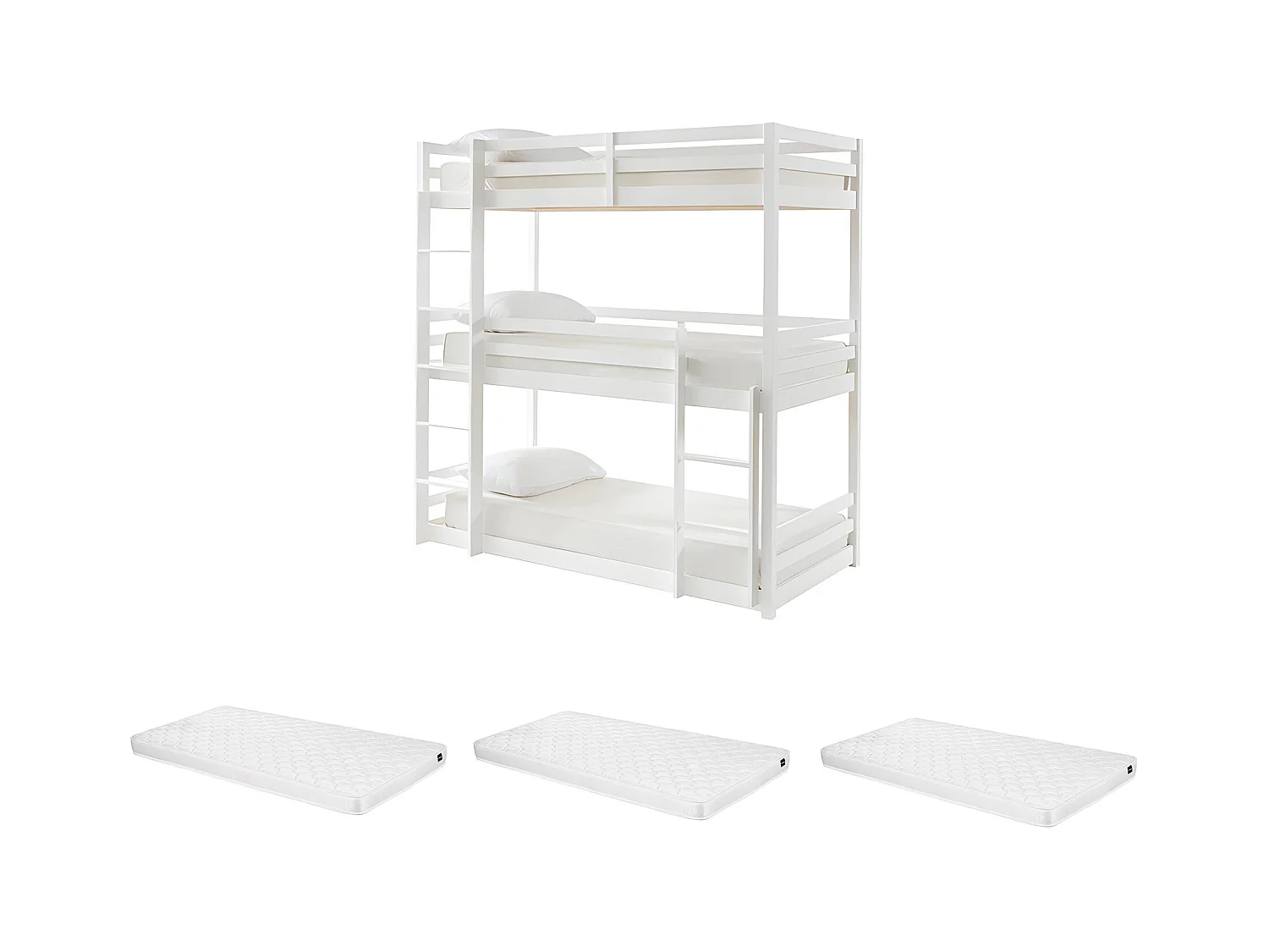 Lits superposés triple - 3 x 90 x 200 cm - Pin - Blanc + matelas - VAGAR