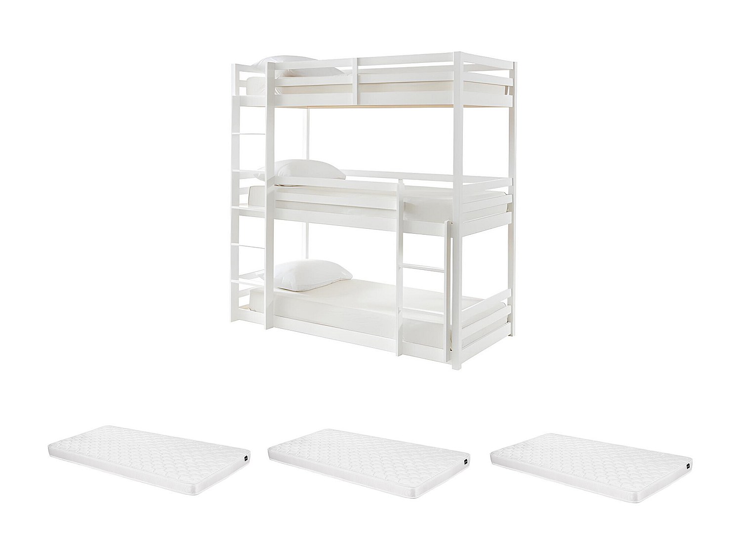 Etagenbett 3 Personen + Matratzen - Kiefernholz - 3 x 90 x 200 cm - Weiß - günstig online kaufen