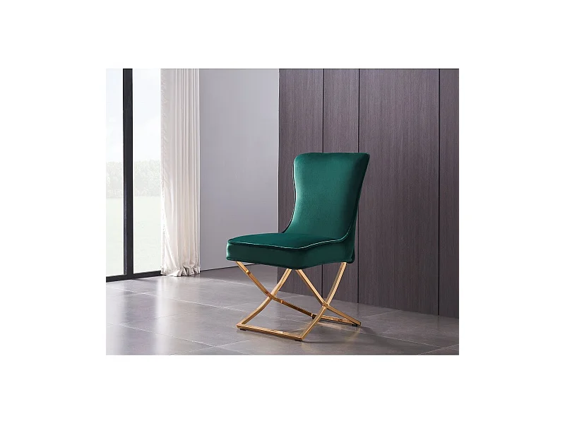 TRAFALGAR - Chaise en Velours Capitonné  - Pieds Croisés en Métal - Vert