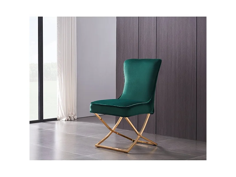 TRAFALGAR - Chaise en Velours Capitonné  - Pieds Croisés en Métal - Vert