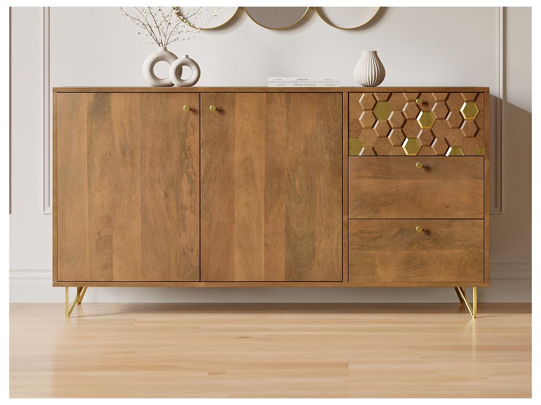 Sideboard mit 2 Türen & 3 Schubladen - Mangoholz & Metall - Holzfarben dunkel & Goldfarben - BELORI