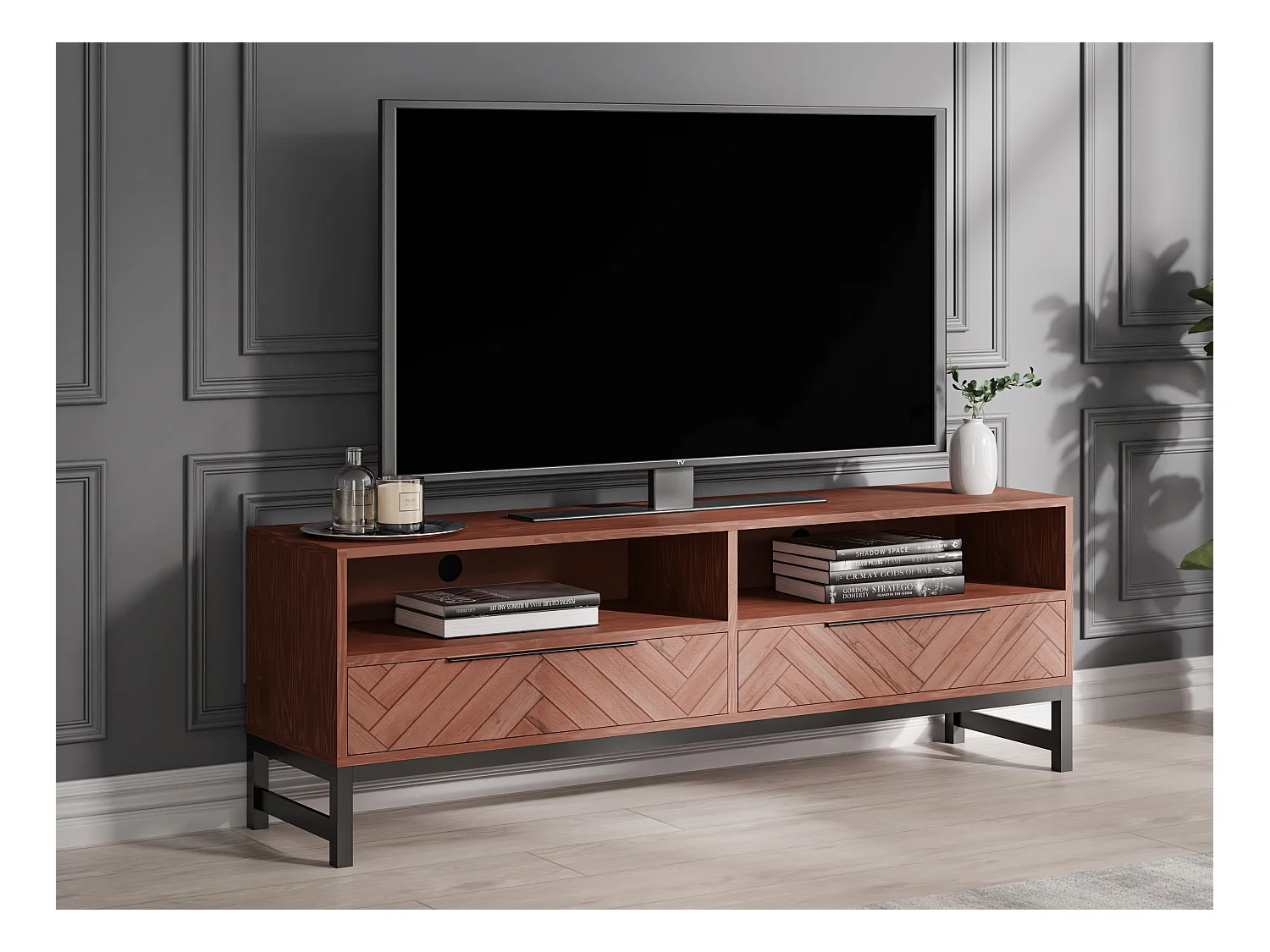 Meuble TV 2 tiroirs et 2 niches en bois d'acacia et métal - Naturel et noir - VEDILA