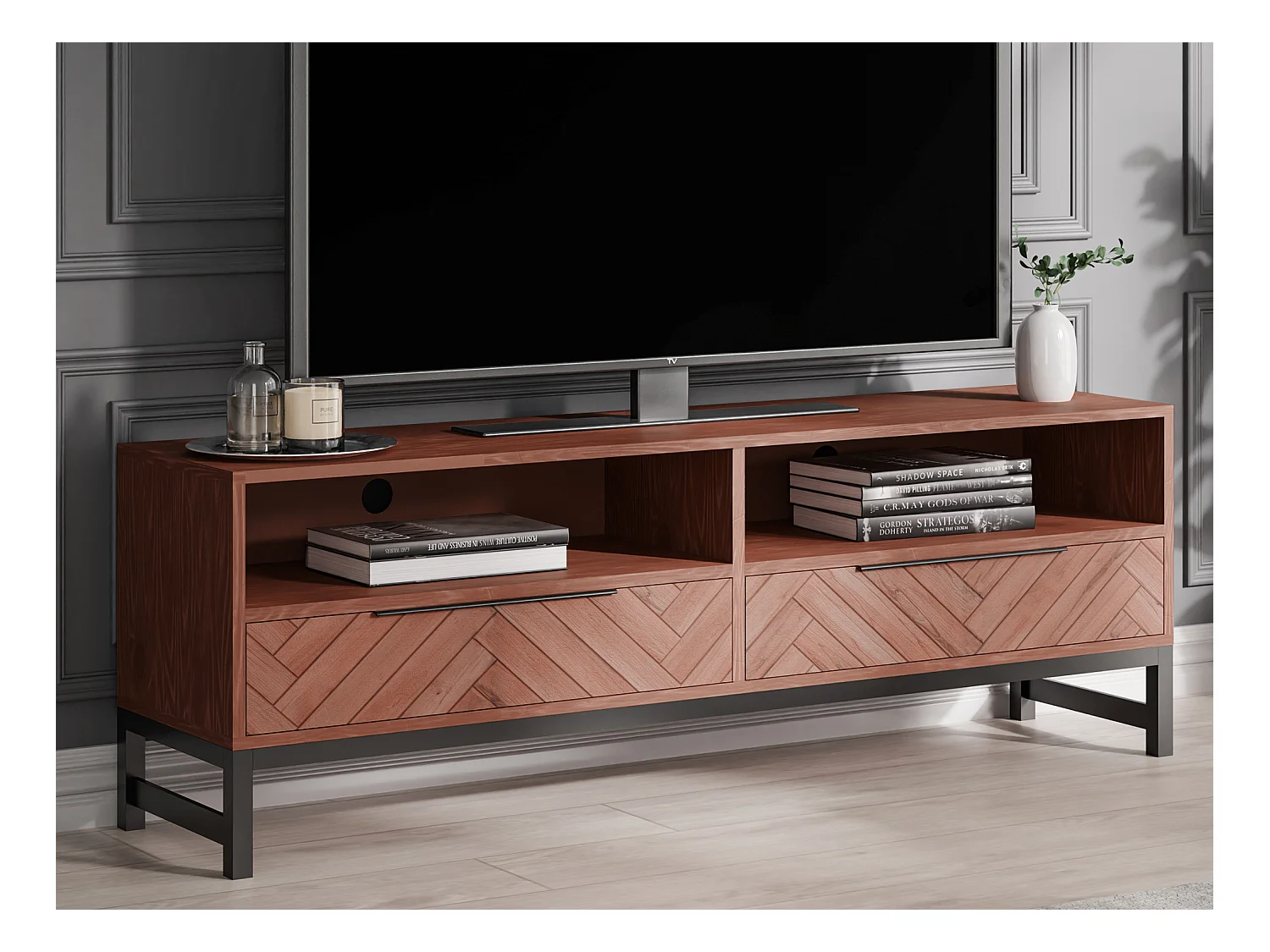 Meuble TV 2 tiroirs et 2 niches en bois d'acacia et métal - Naturel et noir - VEDILA