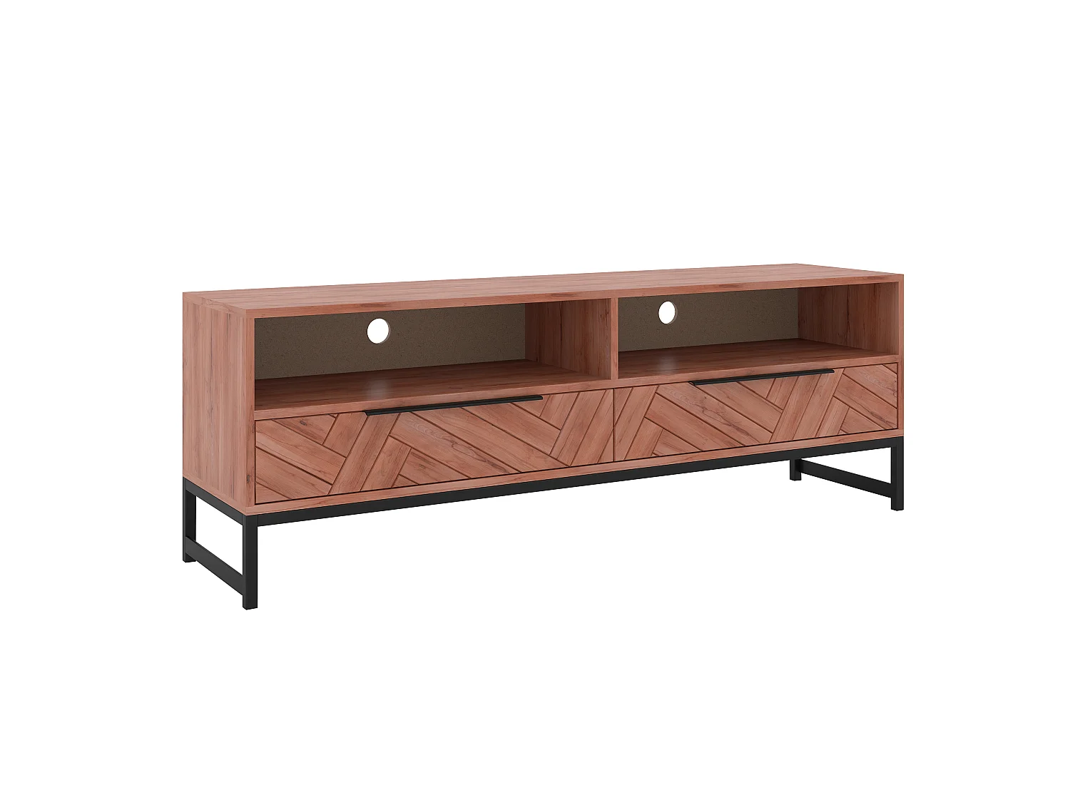 Meuble TV 2 tiroirs et 2 niches en bois d'acacia et métal - Naturel et noir - VEDILA