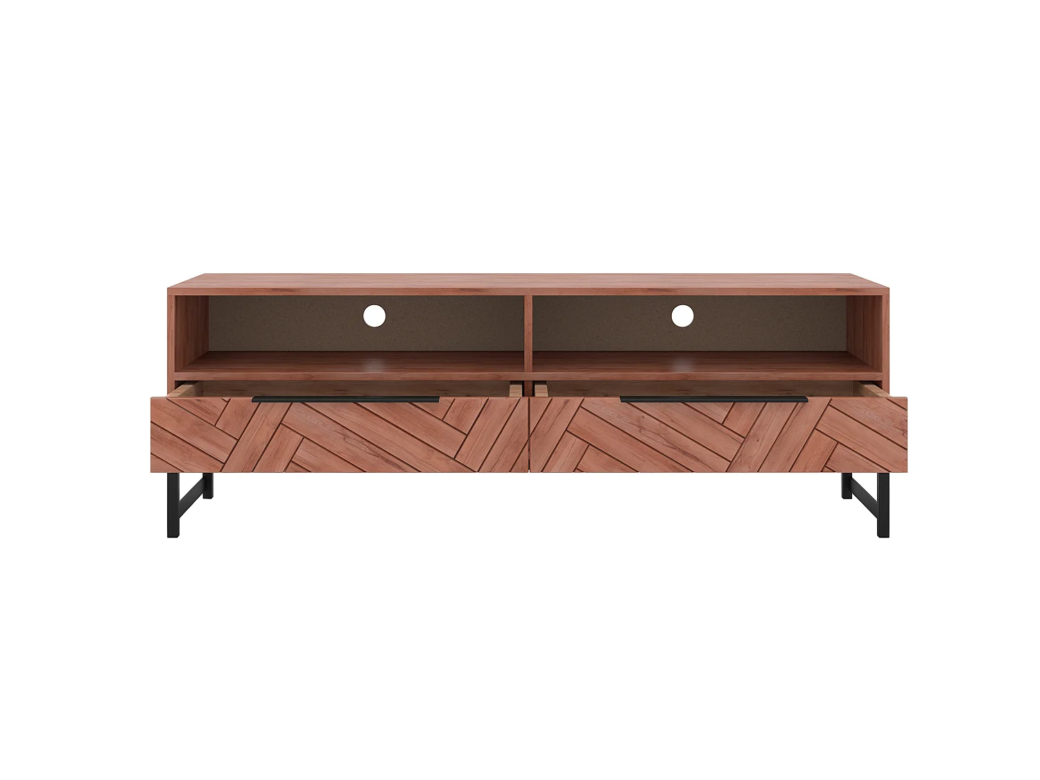 Meuble TV 2 tiroirs et 2 niches en bois d'acacia et métal - Naturel et noir - VEDILA