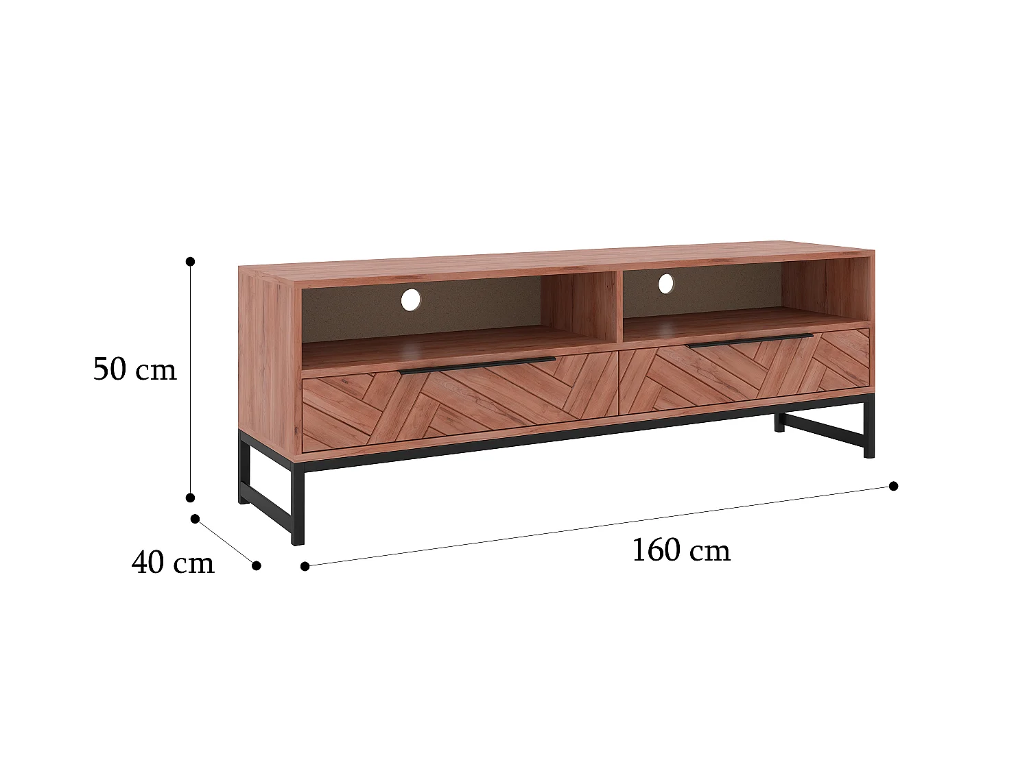 Meuble TV 2 tiroirs et 2 niches en bois d'acacia et métal - Naturel et noir - VEDILA