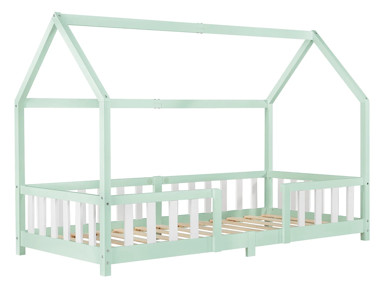 Lit d'Enfant Design Forme Maison Sisimiut Pin 200 x 90 cm Menthe Blanc Mat Laqué [en.casa]
