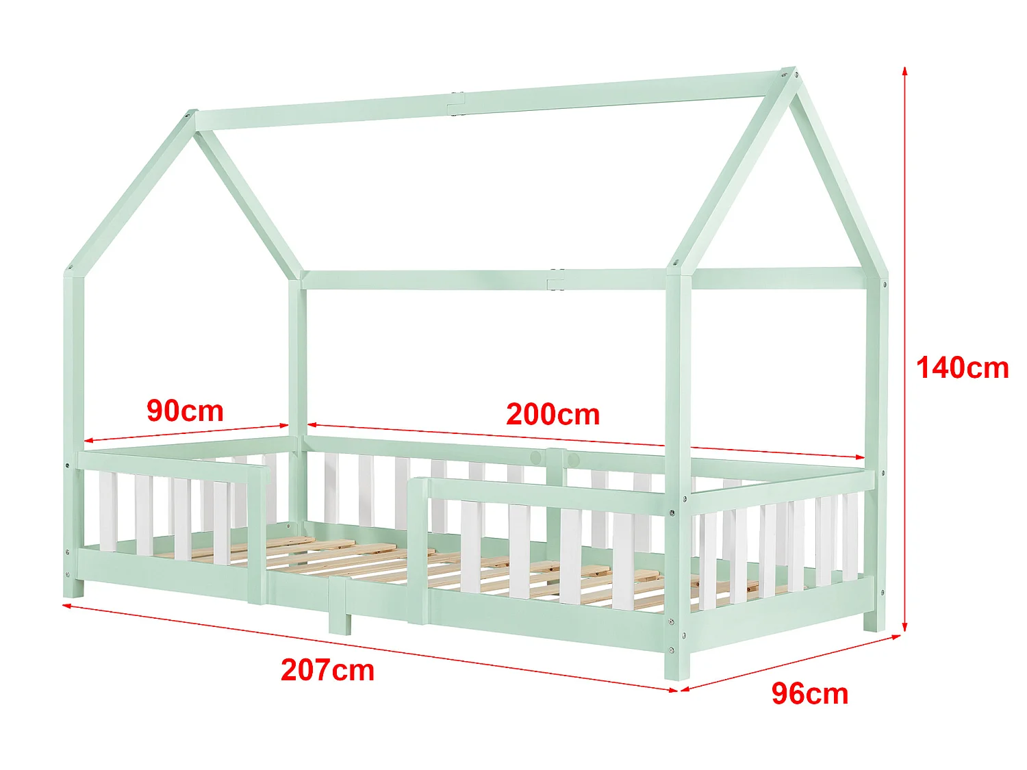 Lit d'Enfant Design Forme Maison Sisimiut Pin 200 x 90 cm Menthe Blanc Mat Laqué [en.casa]
