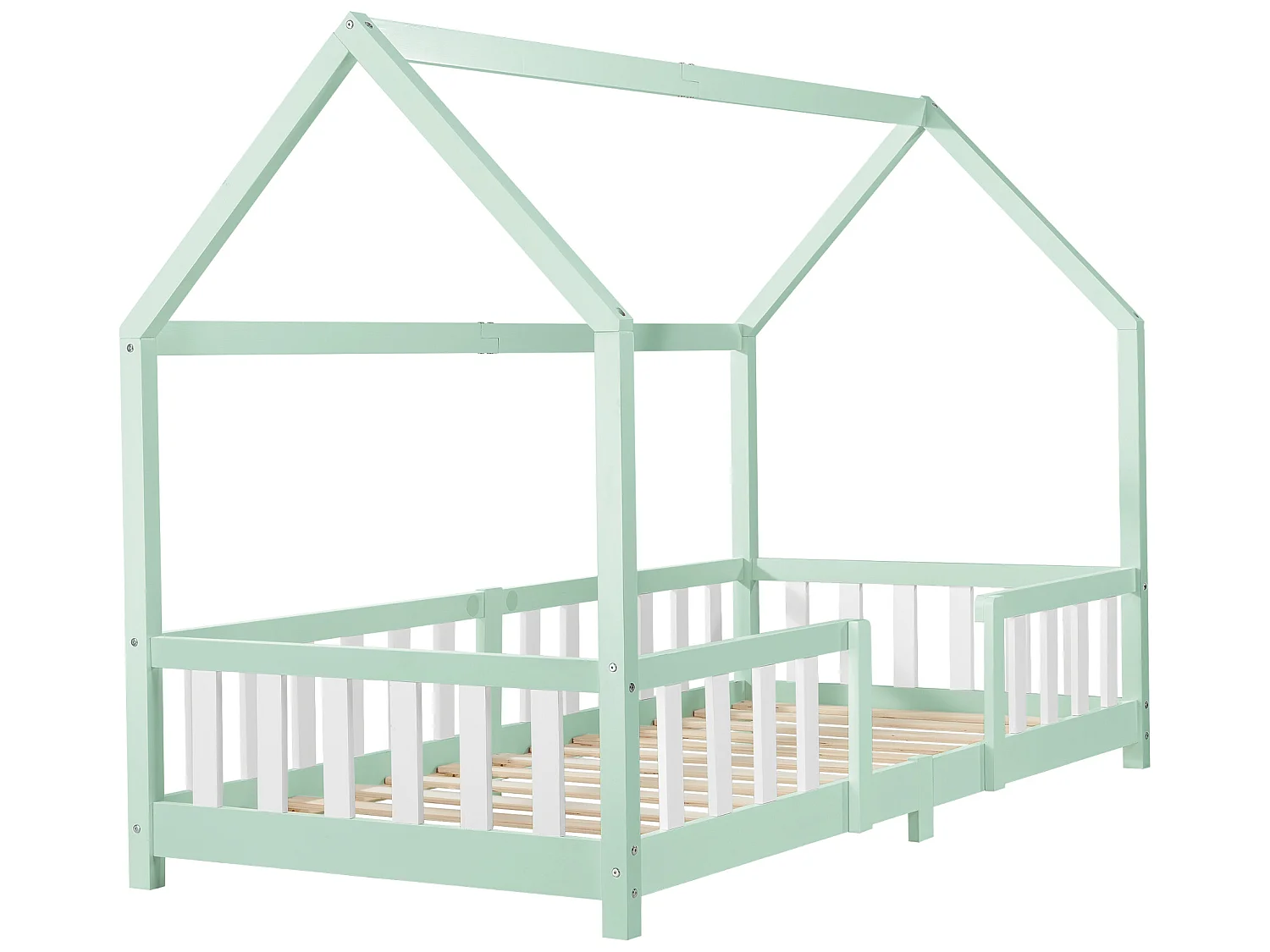 Lit d'Enfant Design Forme Maison Sisimiut Pin 200 x 90 cm Menthe Blanc Mat Laqué [en.casa]