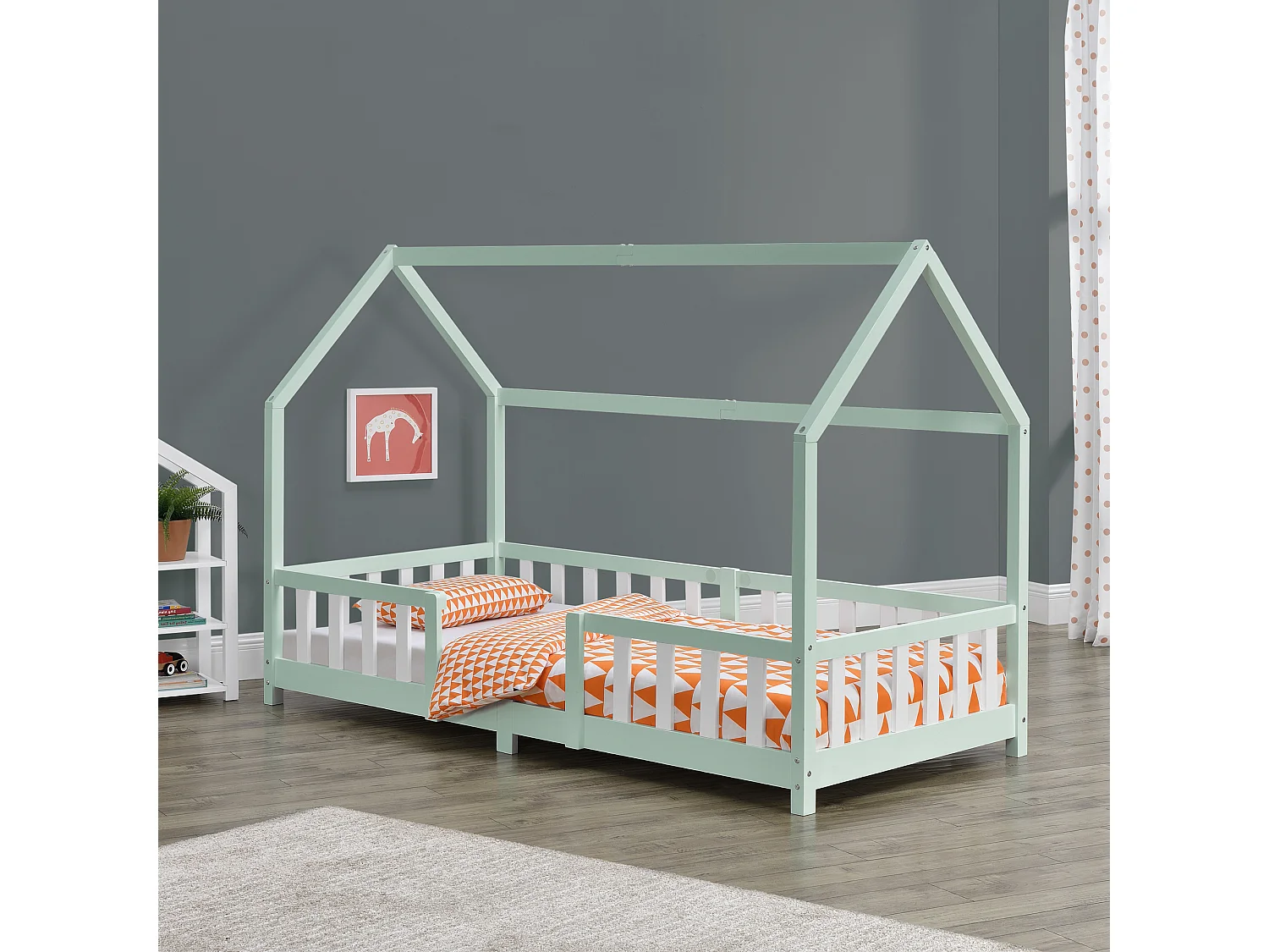 Lit d'Enfant Design Forme Maison Sisimiut Pin 200 x 90 cm Menthe Blanc Mat Laqué [en.casa]