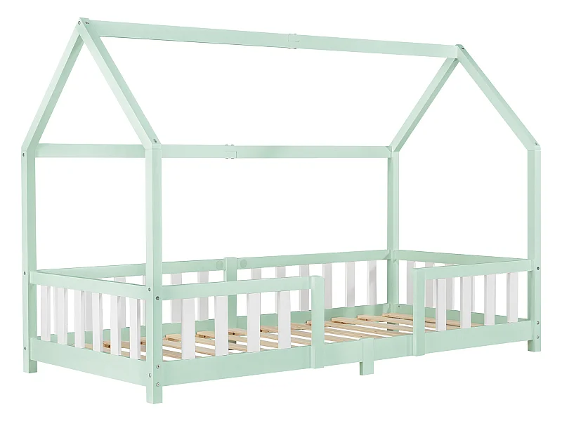 Lit d'Enfant Design Forme Maison Sisimiut Pin 200 x 90 cm Menthe Blanc Mat Laqué [en.casa]