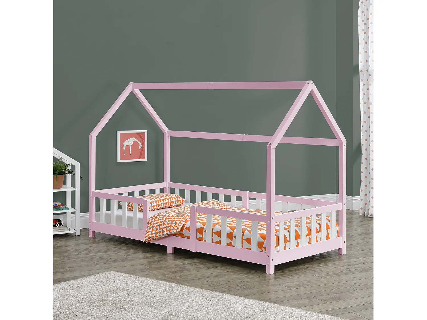 Lit d'Enfant Design Forme Maison Sisimiut Pin 200 x 90 cm Rose Blanc Mat Laqué [en.casa]