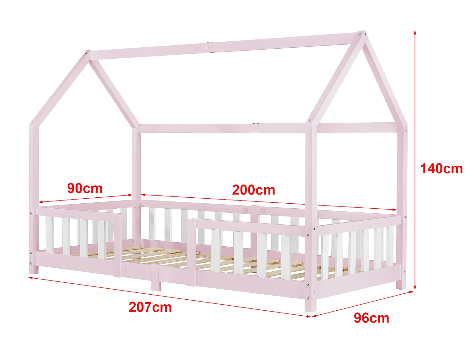 Lit d'Enfant Design Forme Maison Sisimiut Pin 200 x 90 cm Rose Blanc Mat Laqué [en.casa]