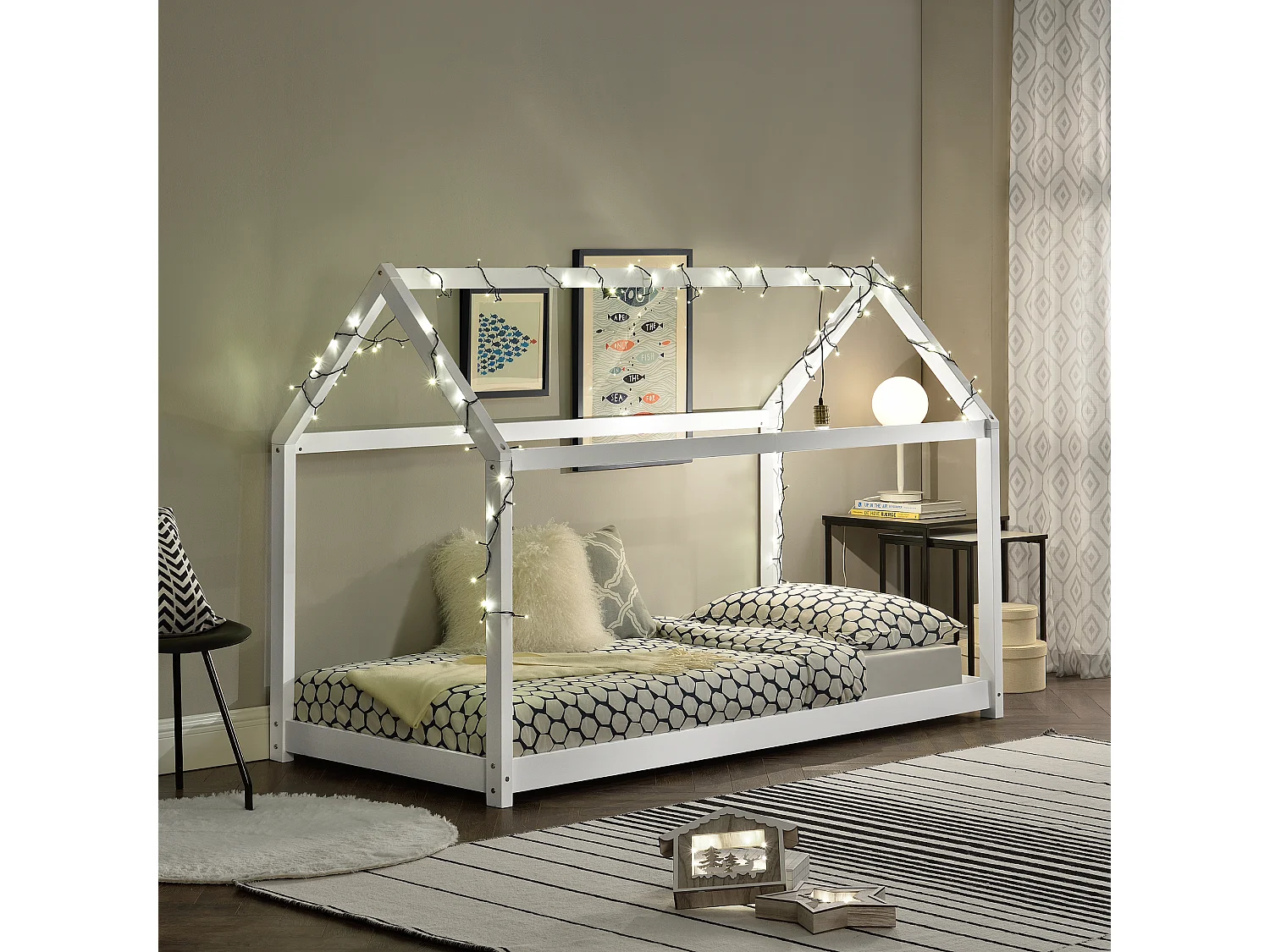 Lit Enfant Design Maison Netstal Bois Blanc 90 x 200 cm Blanc [en.casa]