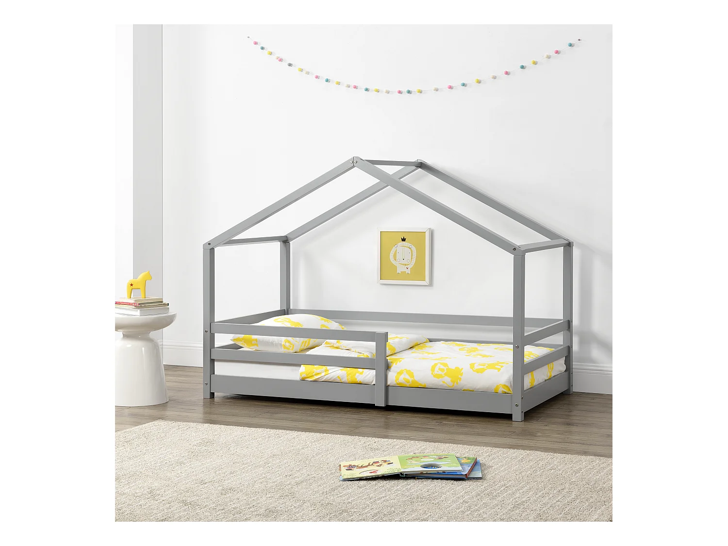 Lit d'Enfant Maison avec Barreaux de Sécurité Knätten Pin 90 x 200 cm Gris Clair Mat Laqué [en.casa]