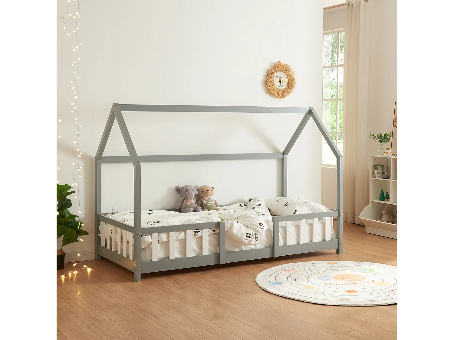 Lit d'Enfant Design Forme Maison Sisimiut Pin 200 x 90 cm Gris Clair Blanc Mat Laqué [en.casa]
