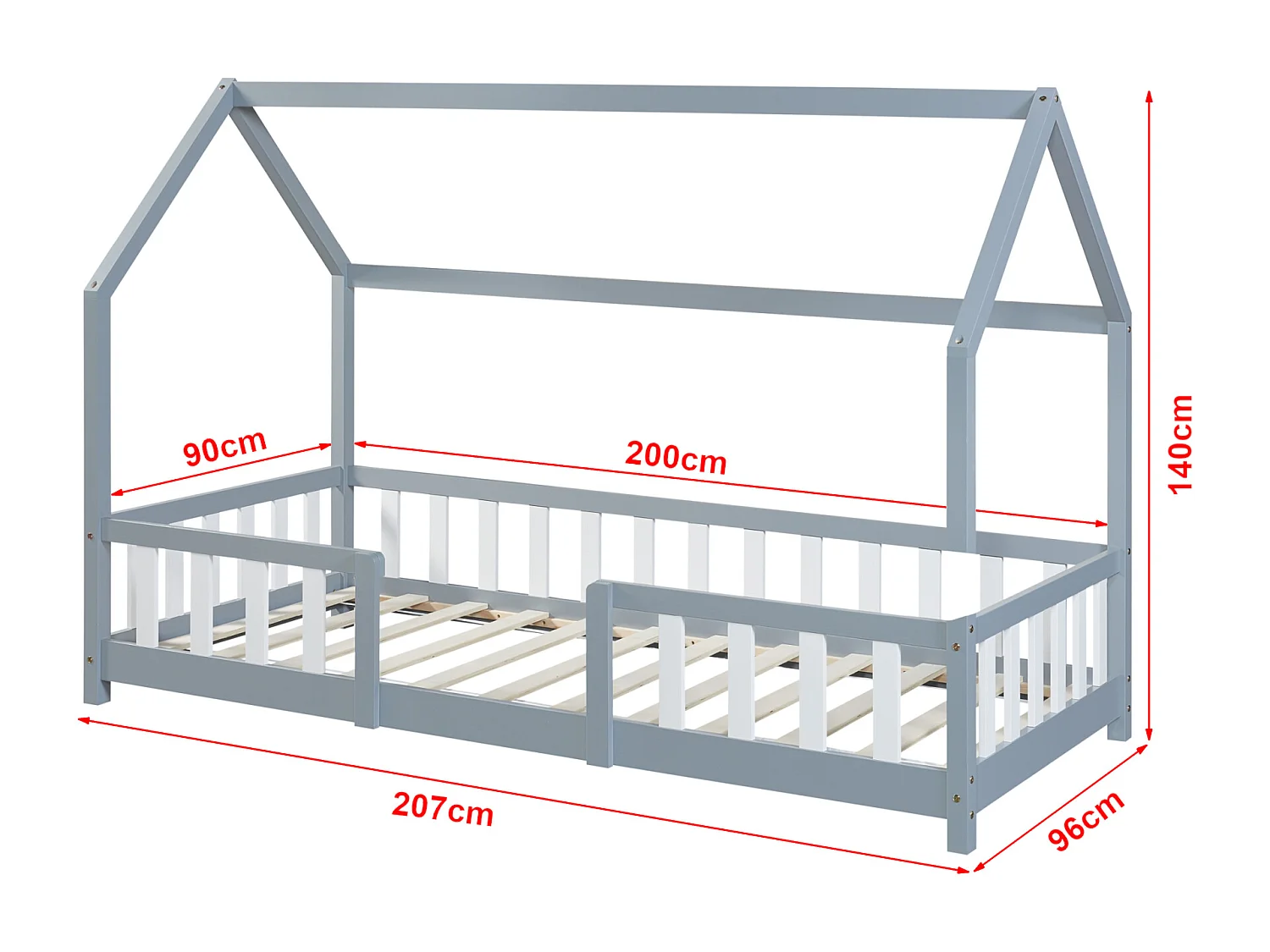 Lit d'Enfant Design Forme Maison Sisimiut Pin 200 x 90 cm Gris Clair Blanc Mat Laqué [en.casa]