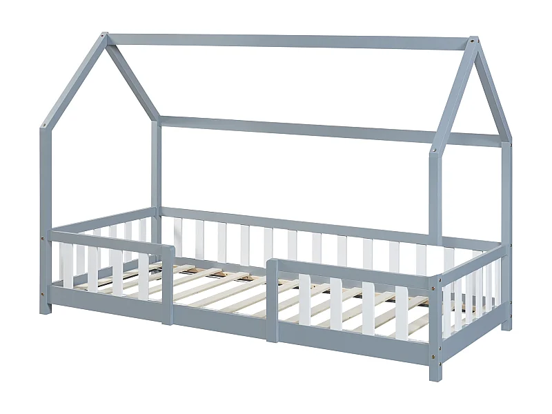 Lit d'Enfant Design Forme Maison Sisimiut Pin 200 x 90 cm Gris Clair Blanc Mat Laqué [en.casa]