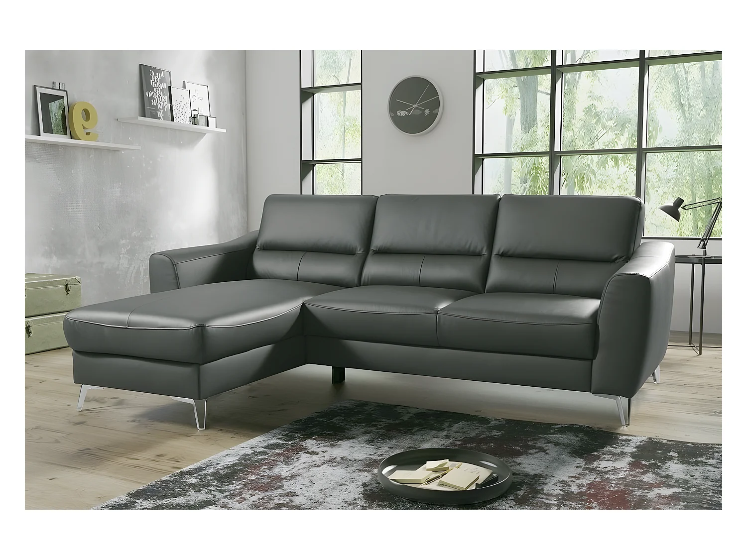 Canapé d'angle convertible en cuir italien de luxe 5 places SANTORIN, avec coffre, gris foncé, angle gauche (vu de face)