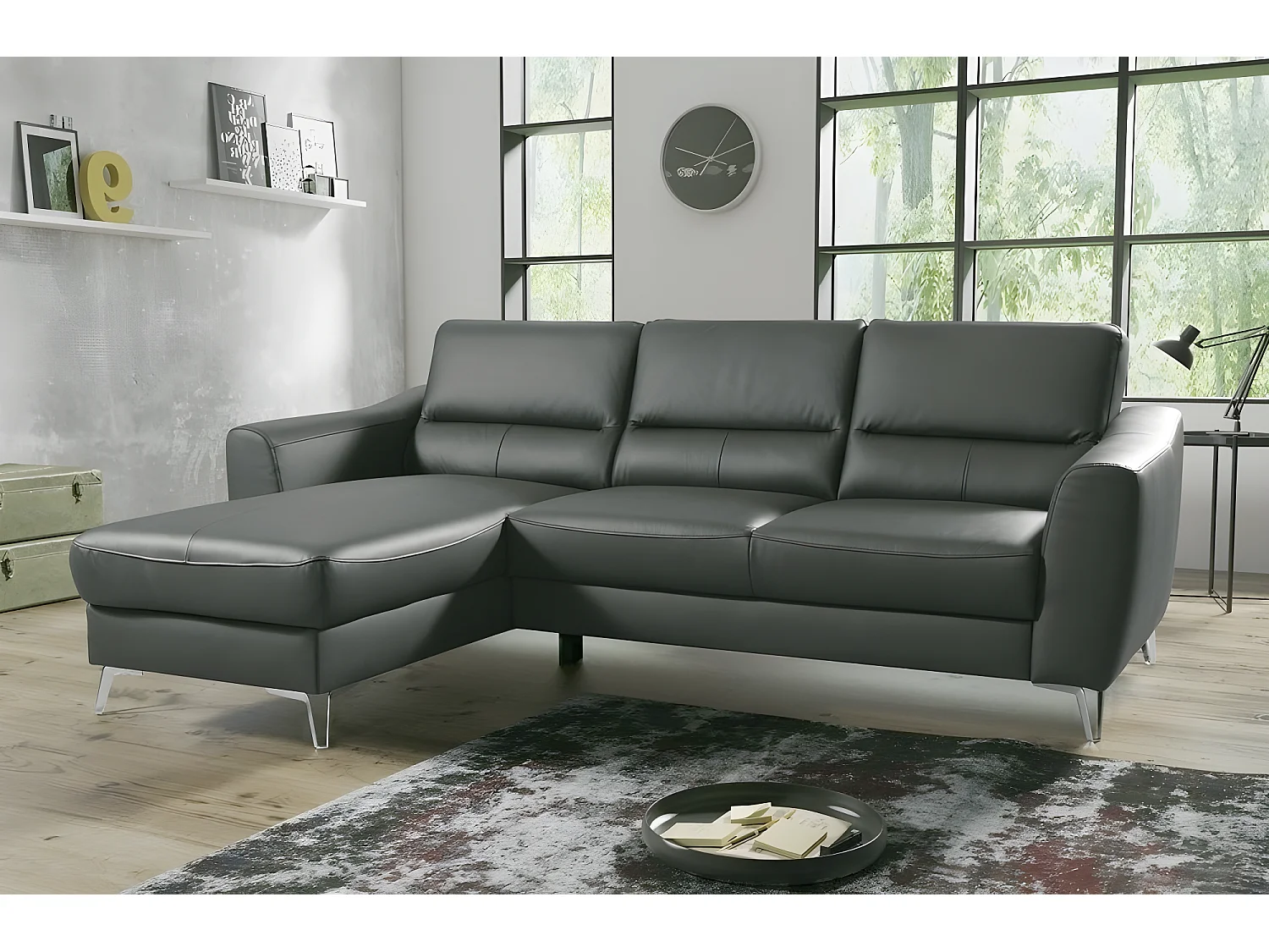 Canapé d'angle convertible en cuir italien de luxe 5 places SANTORIN, avec coffre, gris foncé, angle gauche (vu de face)