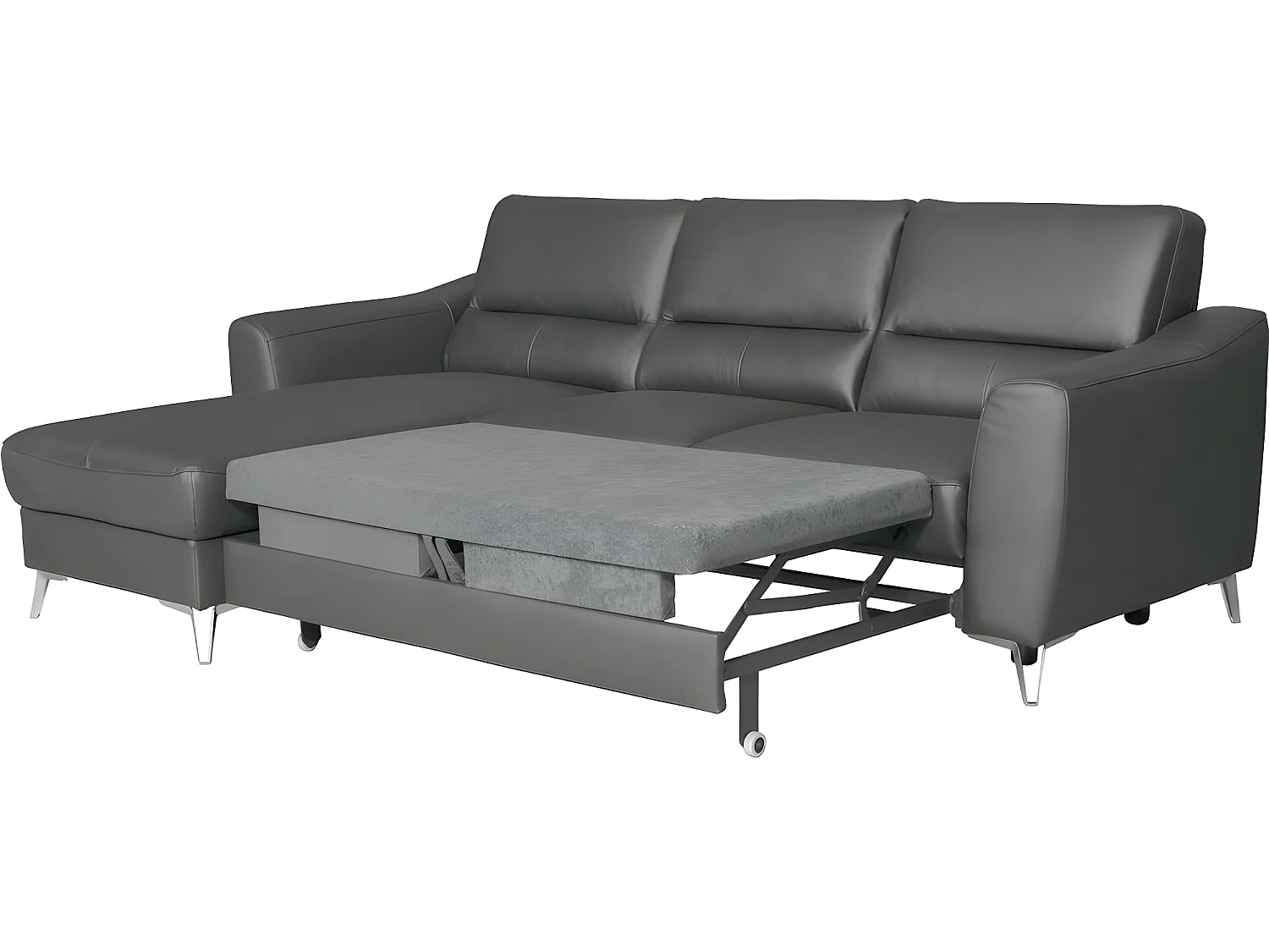 Canapé d'angle convertible en cuir italien de luxe 5 places SANTORIN, avec coffre, gris foncé, angle gauche (vu de face)