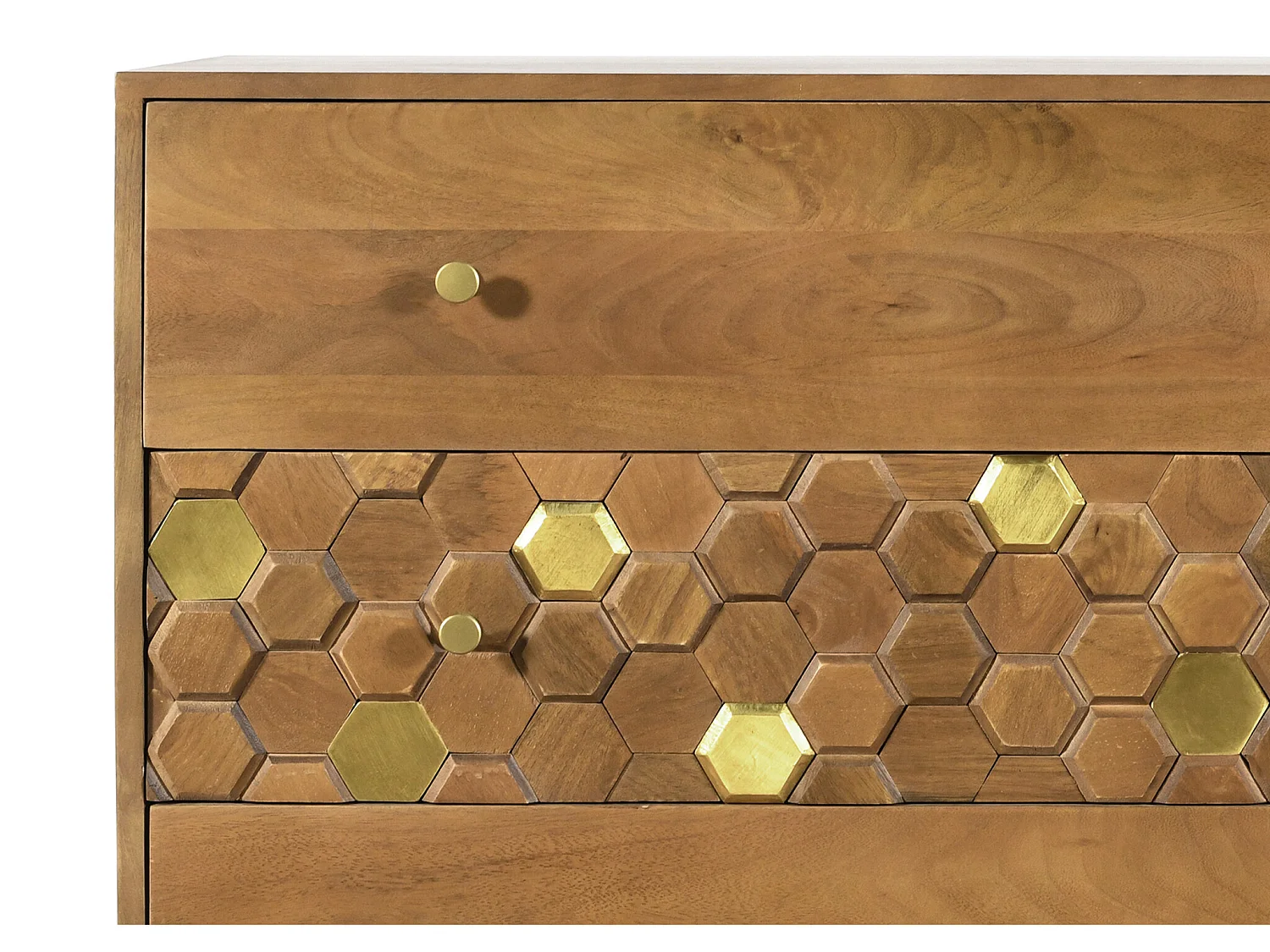 Byrå med 3 lådor - Mangoträ och metall - Natur och guld - BELORI