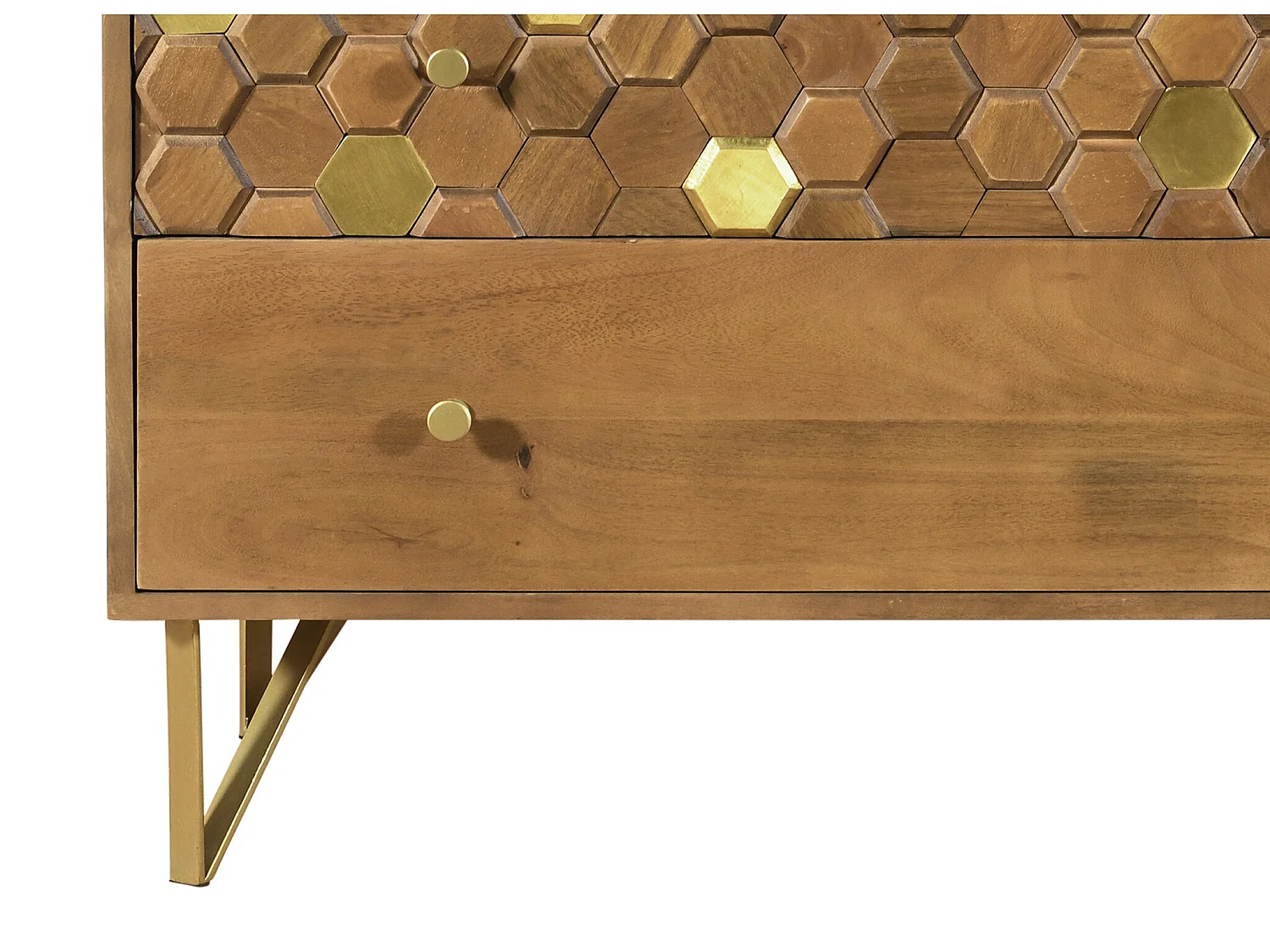 Byrå med 3 lådor - Mangoträ och metall - Natur och guld - BELORI