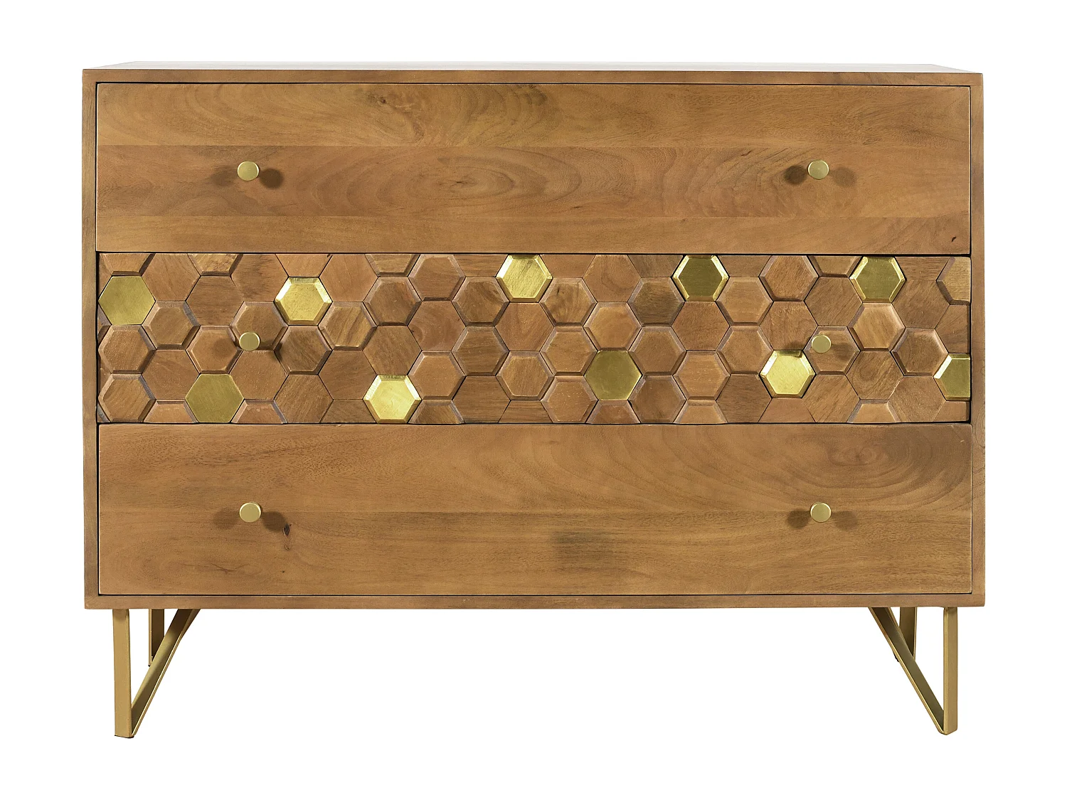 Byrå med 3 lådor - Mangoträ och metall - Natur och guld - BELORI