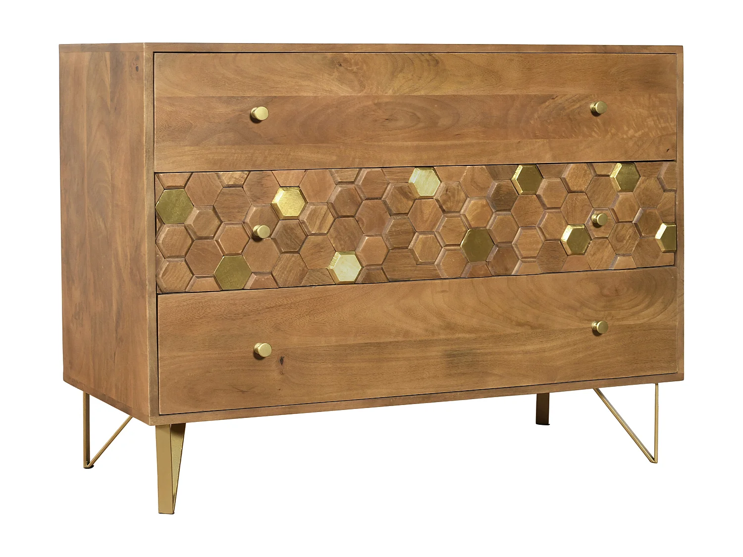 Byrå med 3 lådor - Mangoträ och metall - Natur och guld - BELORI