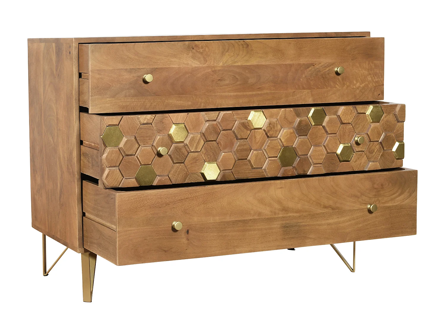 Byrå med 3 lådor - Mangoträ och metall - Natur och guld - BELORI