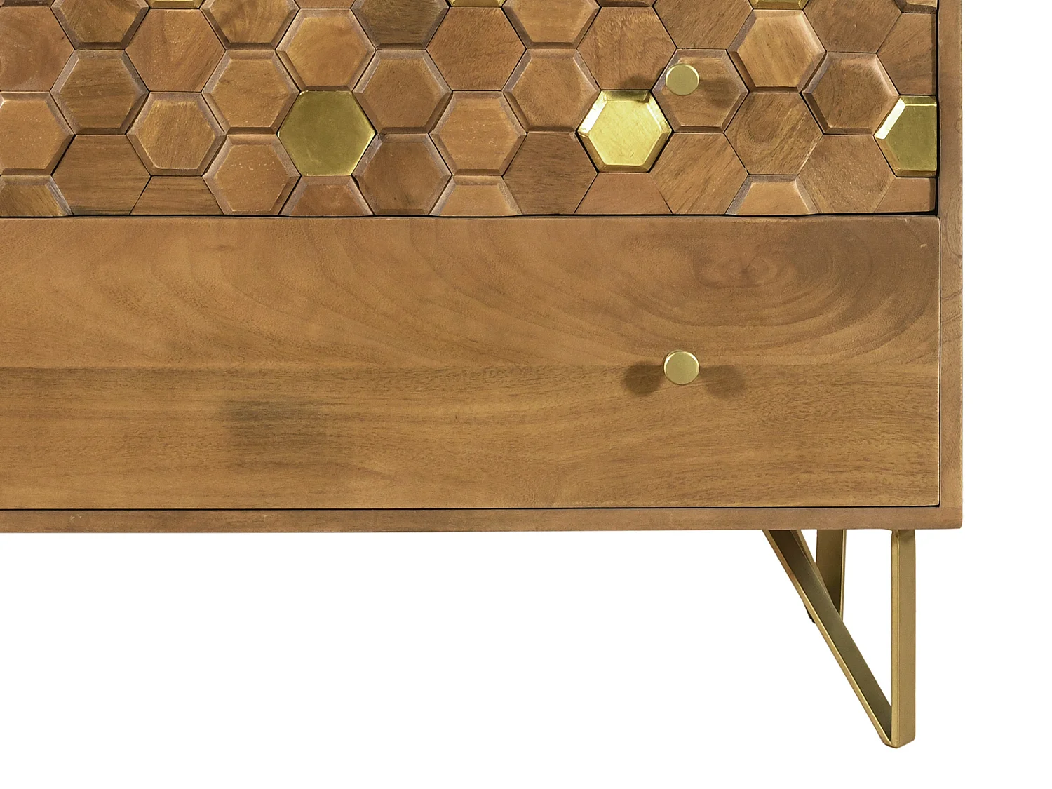 Byrå med 3 lådor - Mangoträ och metall - Natur och guld - BELORI