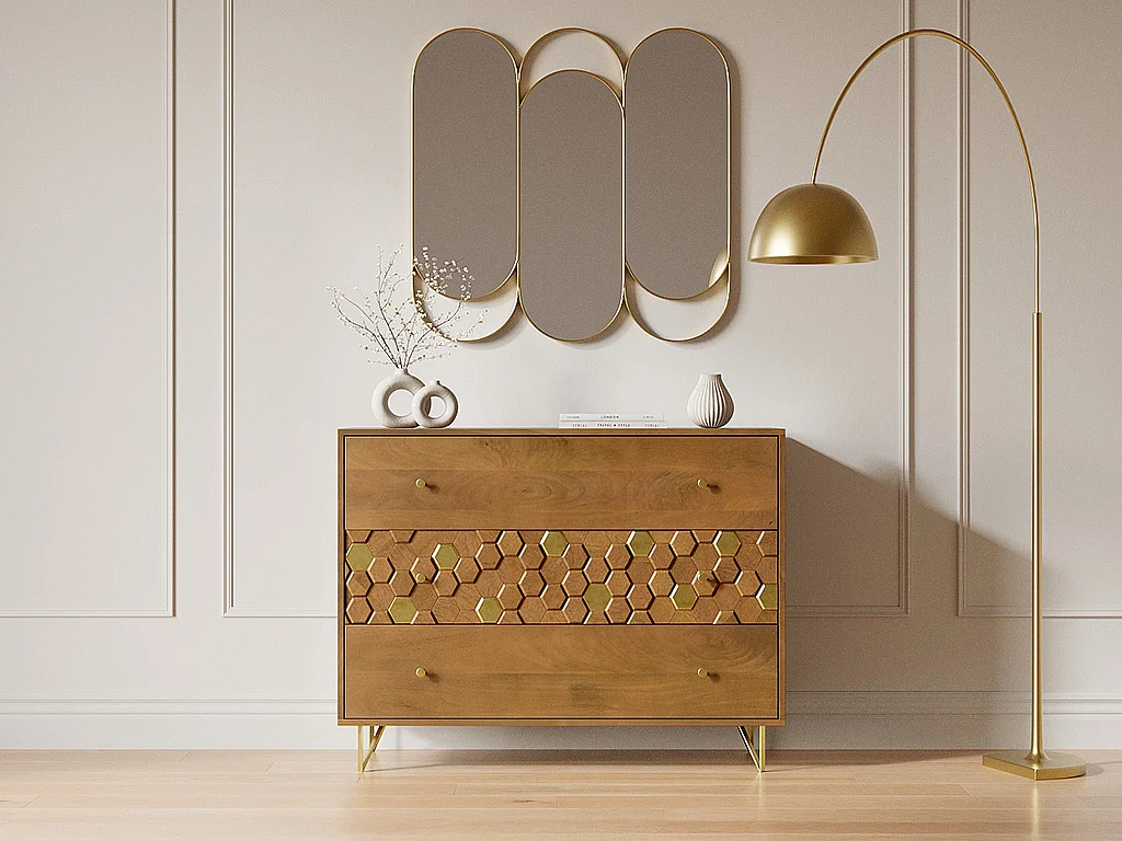 Byrå med 3 lådor - Mangoträ och metall - Natur och guld - BELORI