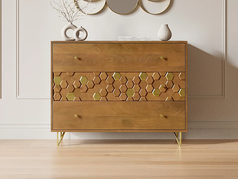 Byrå med 3 lådor - Mangoträ och metall - Natur och guld - BELORI