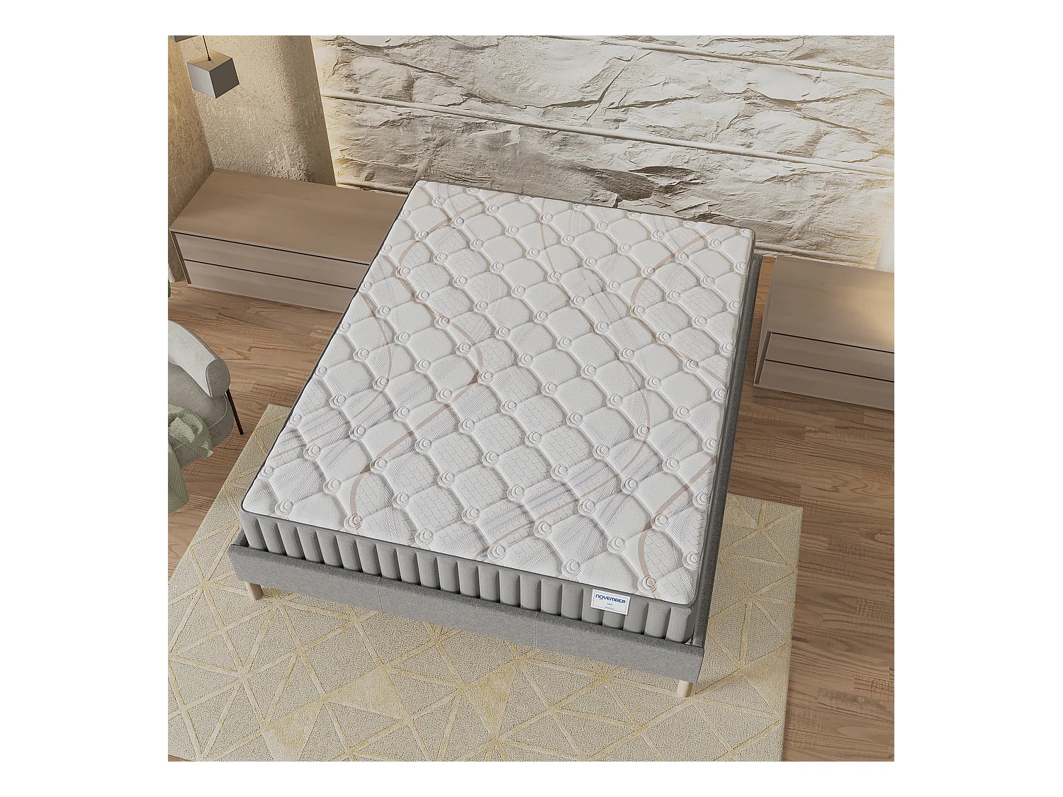 Ensemble matelas + lit 180x200 cm, matelas 16cm mousse, accueil latex, lit à lattes en bois, tissu gris