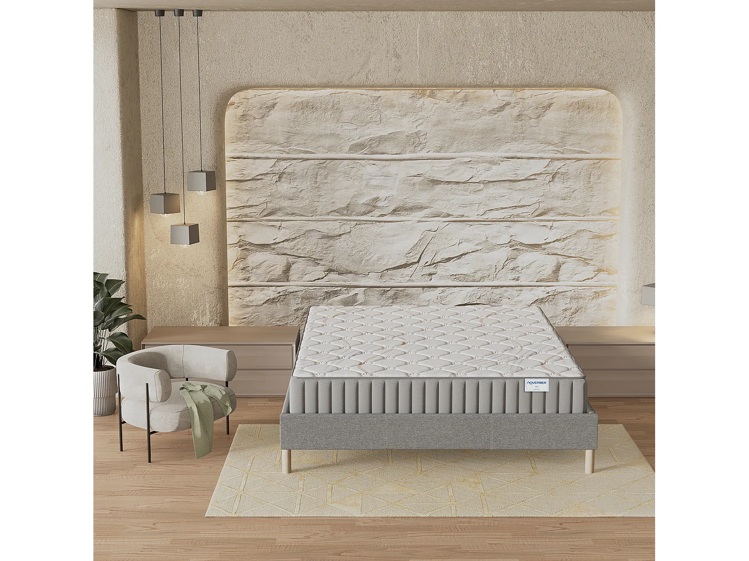 Ensemble matelas + lit 180x200 cm, matelas 16cm mousse, accueil latex, lit à lattes en bois, tissu gris