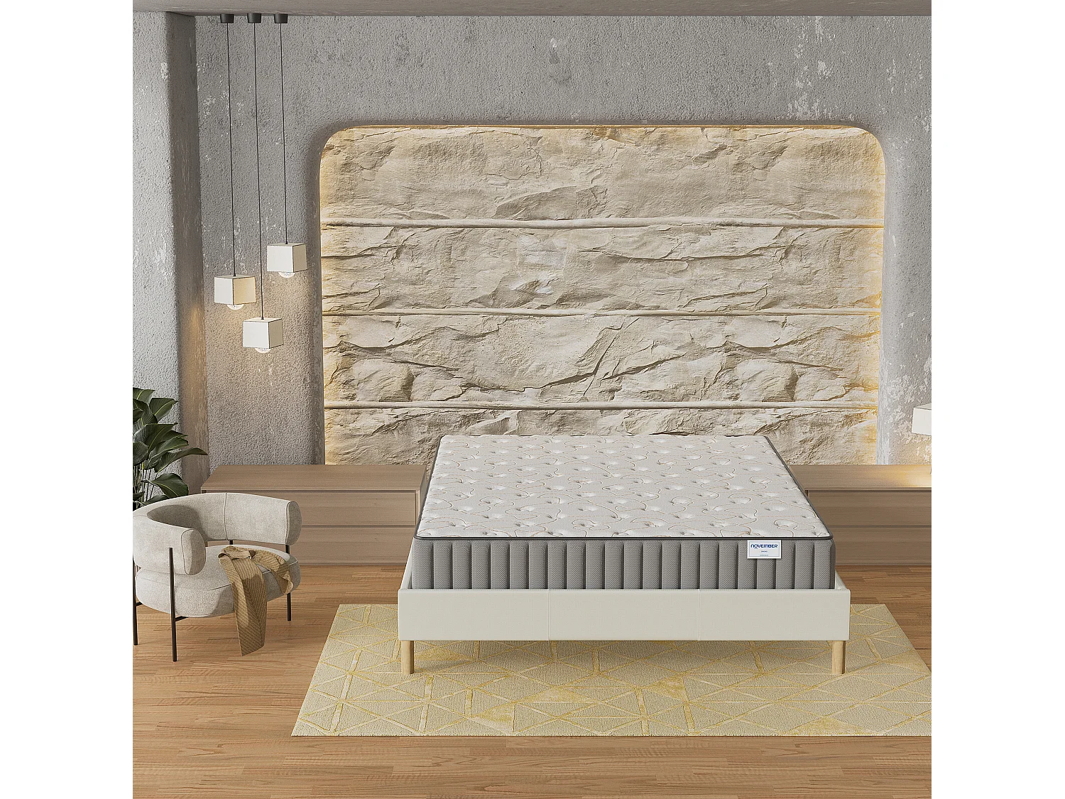 Ensemble matelas mémoire de forme + sommier 160x200cm, Matelas 22cm d’épaisseur et sommier tissu blanc