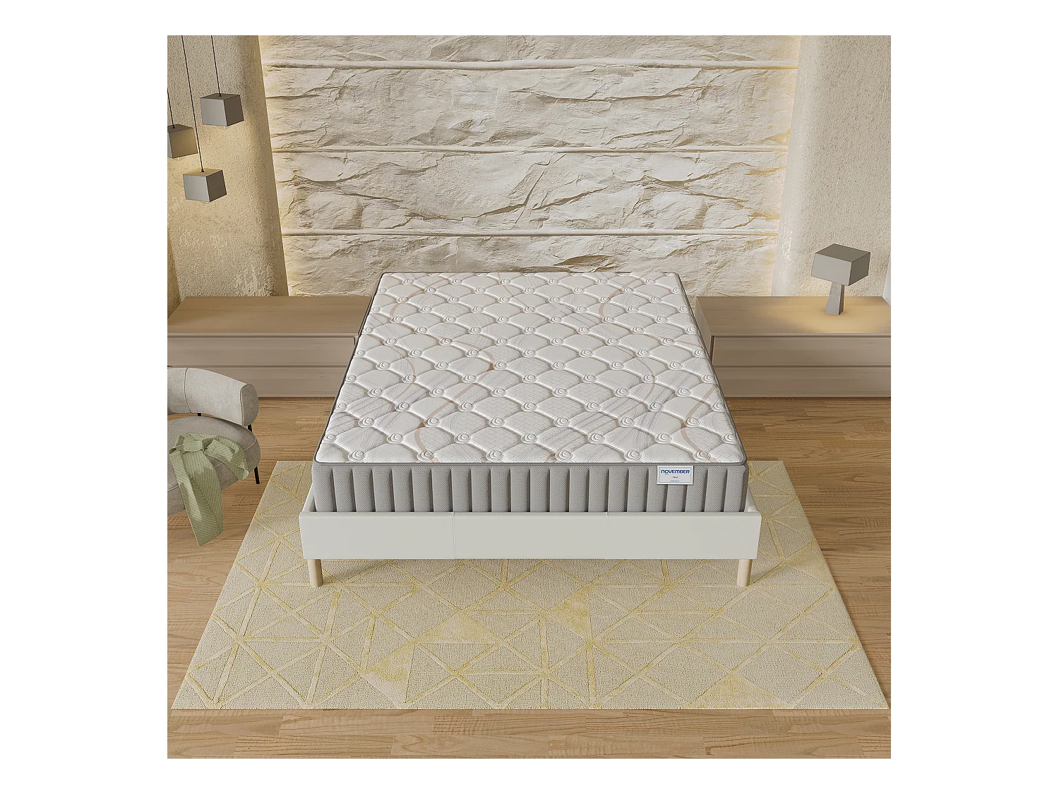 Ensemble matelas + lit 140x200 cm, matelas 16cm mousse, accueil latex, lit à lattes en bois, tissu blanc