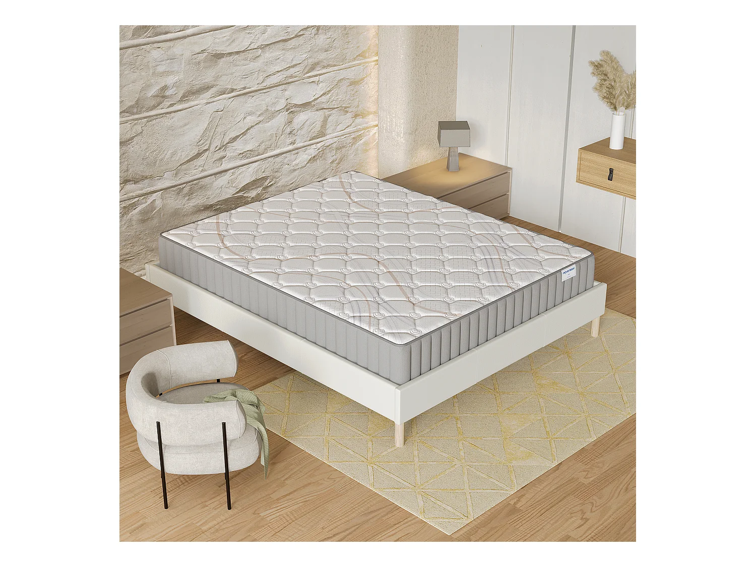 Ensemble matelas + lit 140x200 cm, matelas 16cm mousse, accueil latex, lit à lattes en bois, tissu blanc